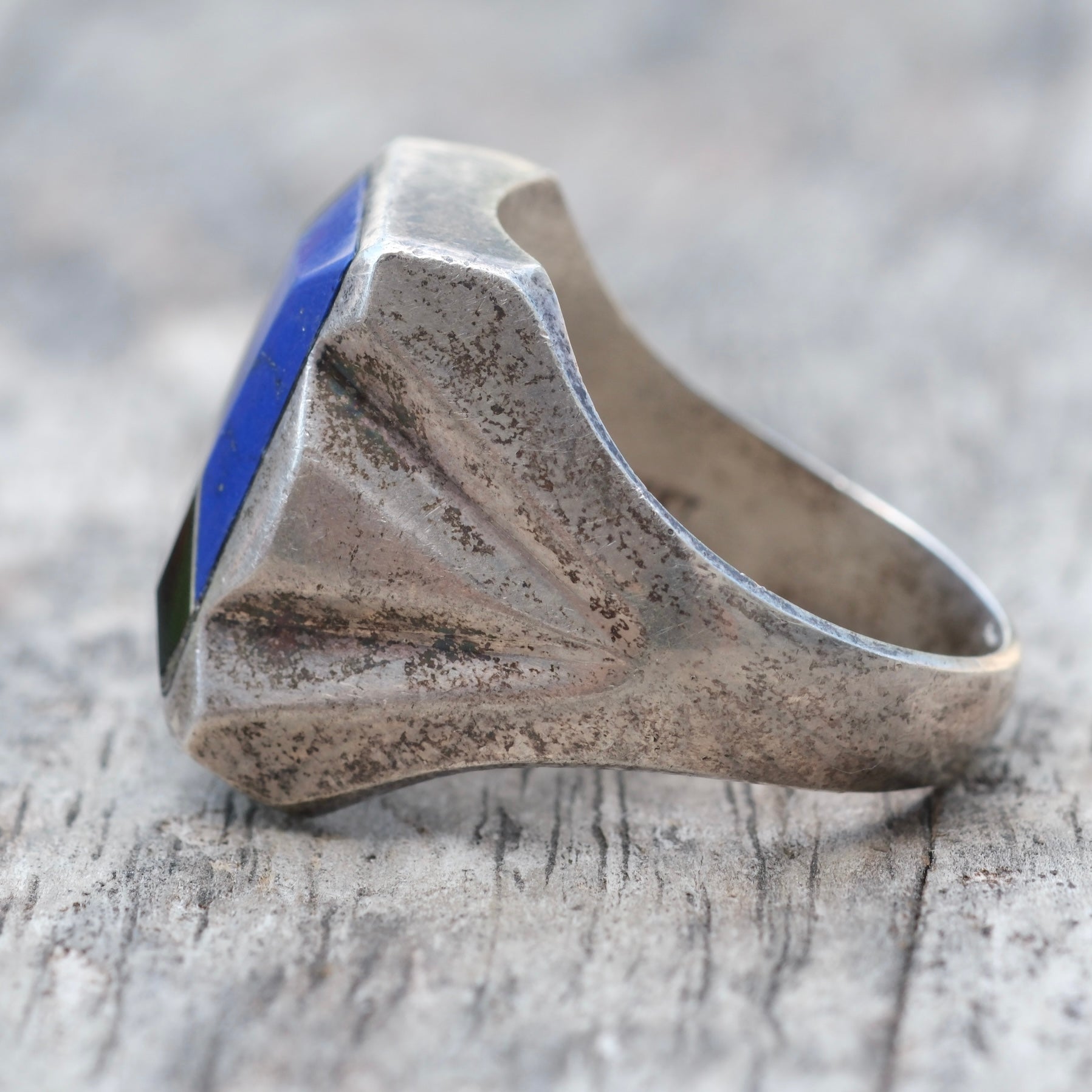 Vintage Sterling Lapis and Onyx Inlay Ring 11.5