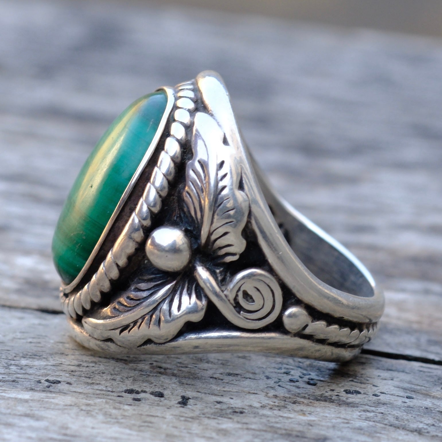 Vintage Sterling Malachite Feather Ring 9