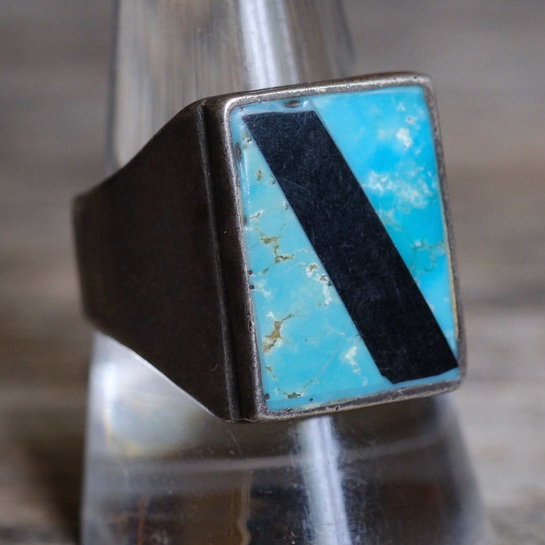 Vintage Sterling Turquoise and Onyx Inlay Ring 10.25