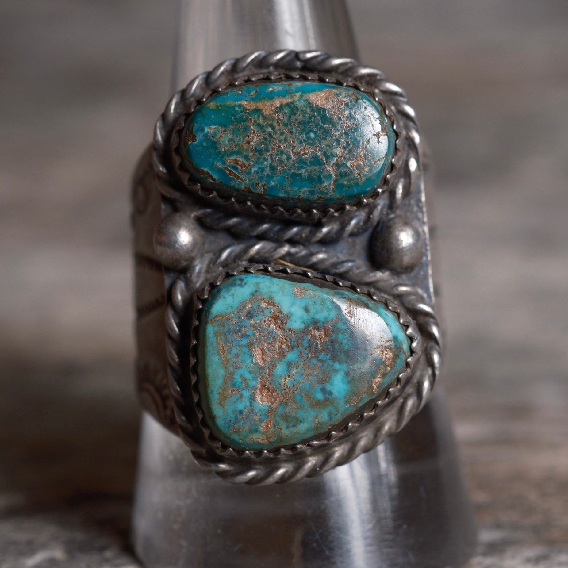Vintage Sterling 2-Stone Turquoise Roper Ring 10.5