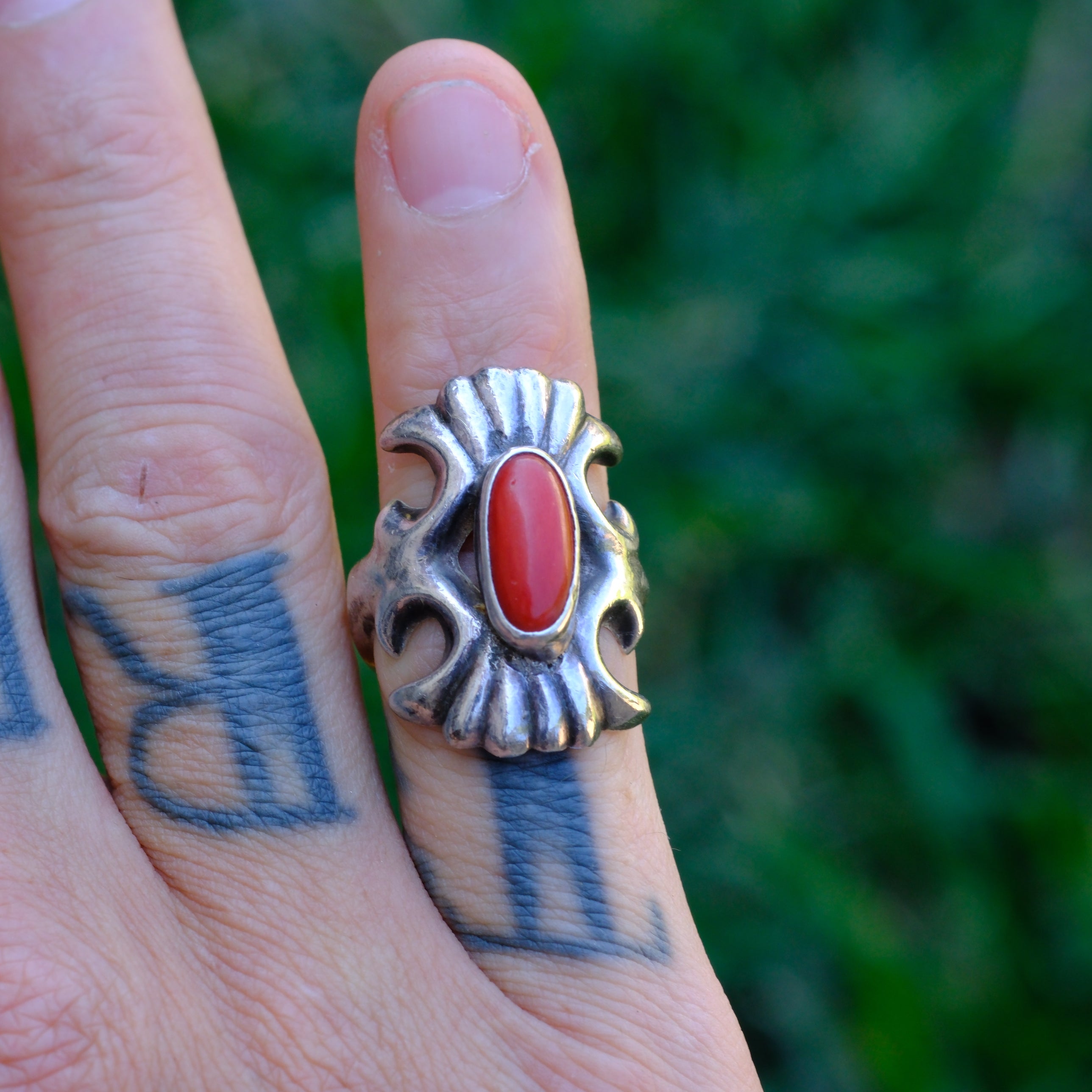 Vintage Sterling Coral Sandcast Ring 5