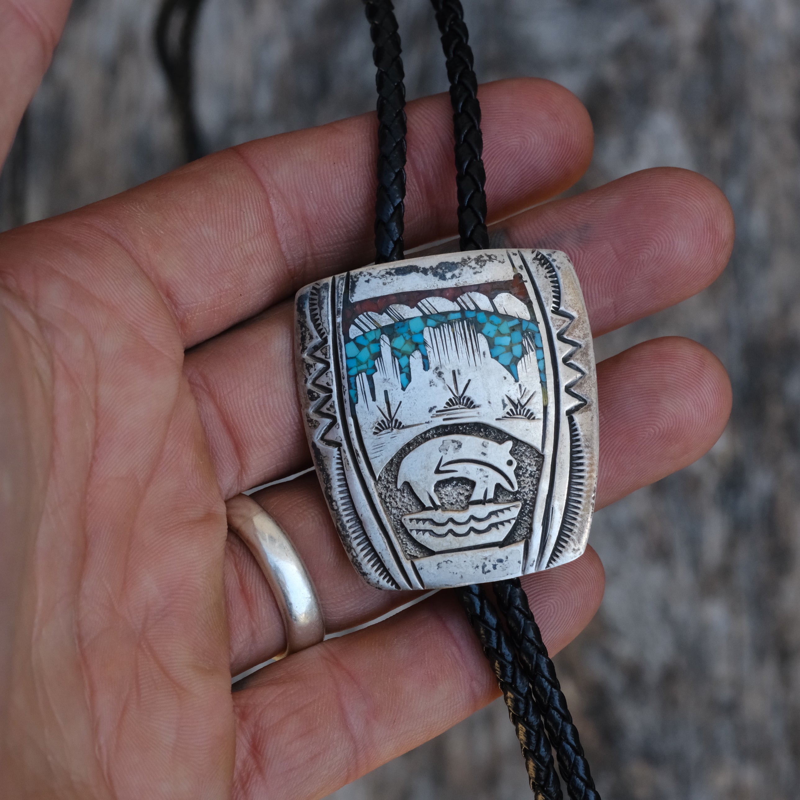 Vintage Sterling Turquoise and Coral Inlay Stamped Bolo Tie