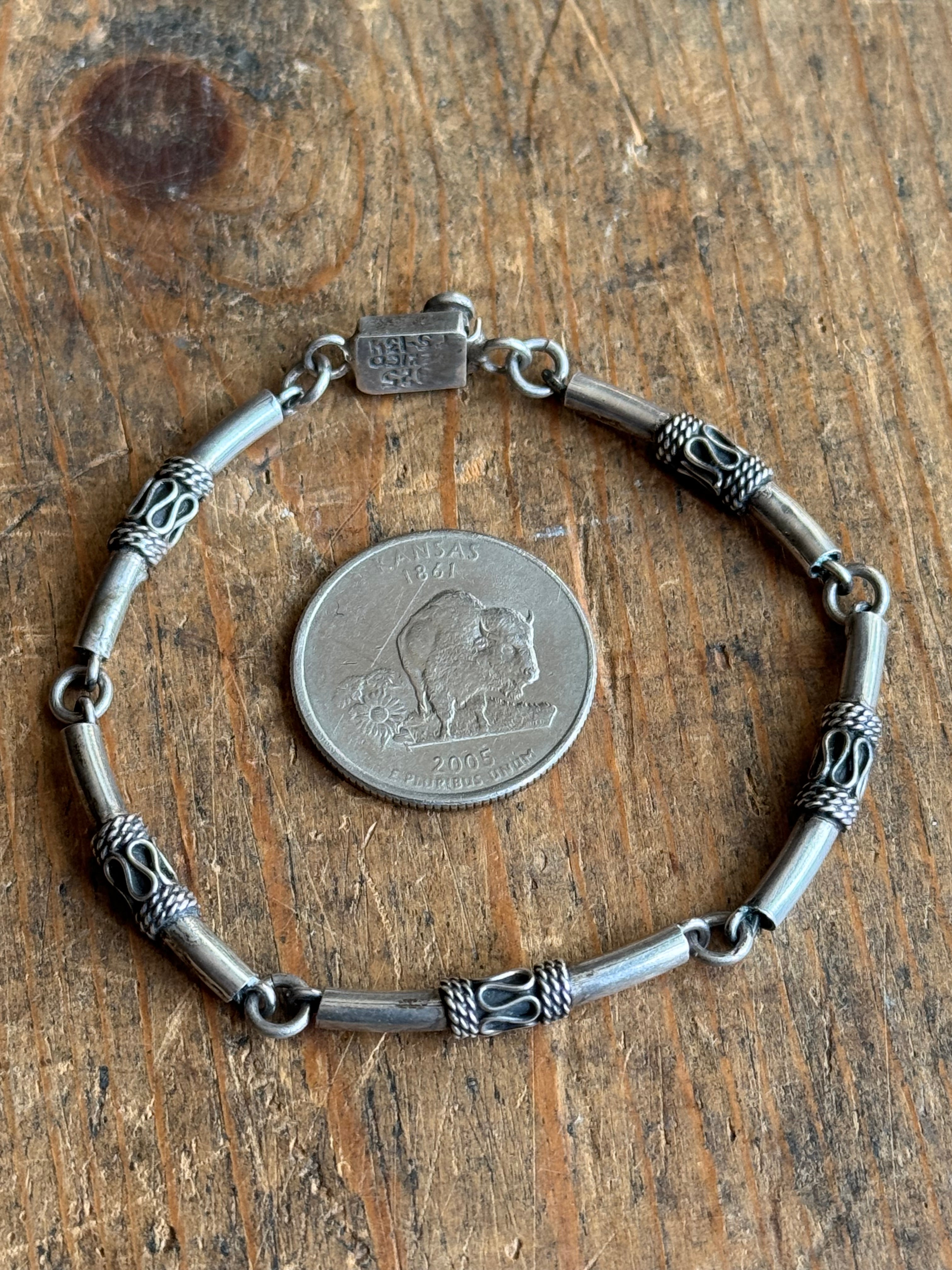 Vintage Sterling Silver 7.25” Tribal Tube Link Bracelet