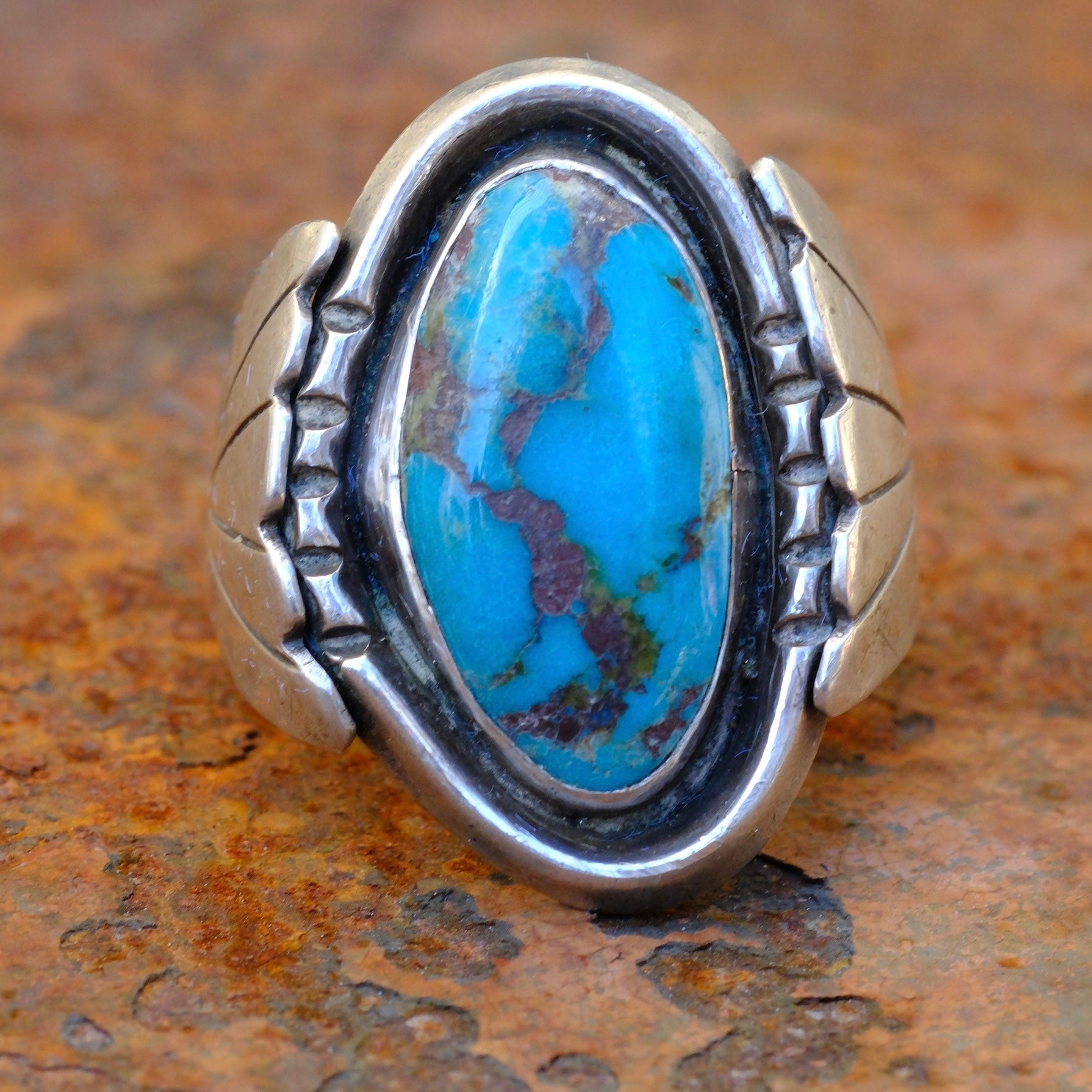 Vintage Sterling Turquoise Ribbed Band Ring 11