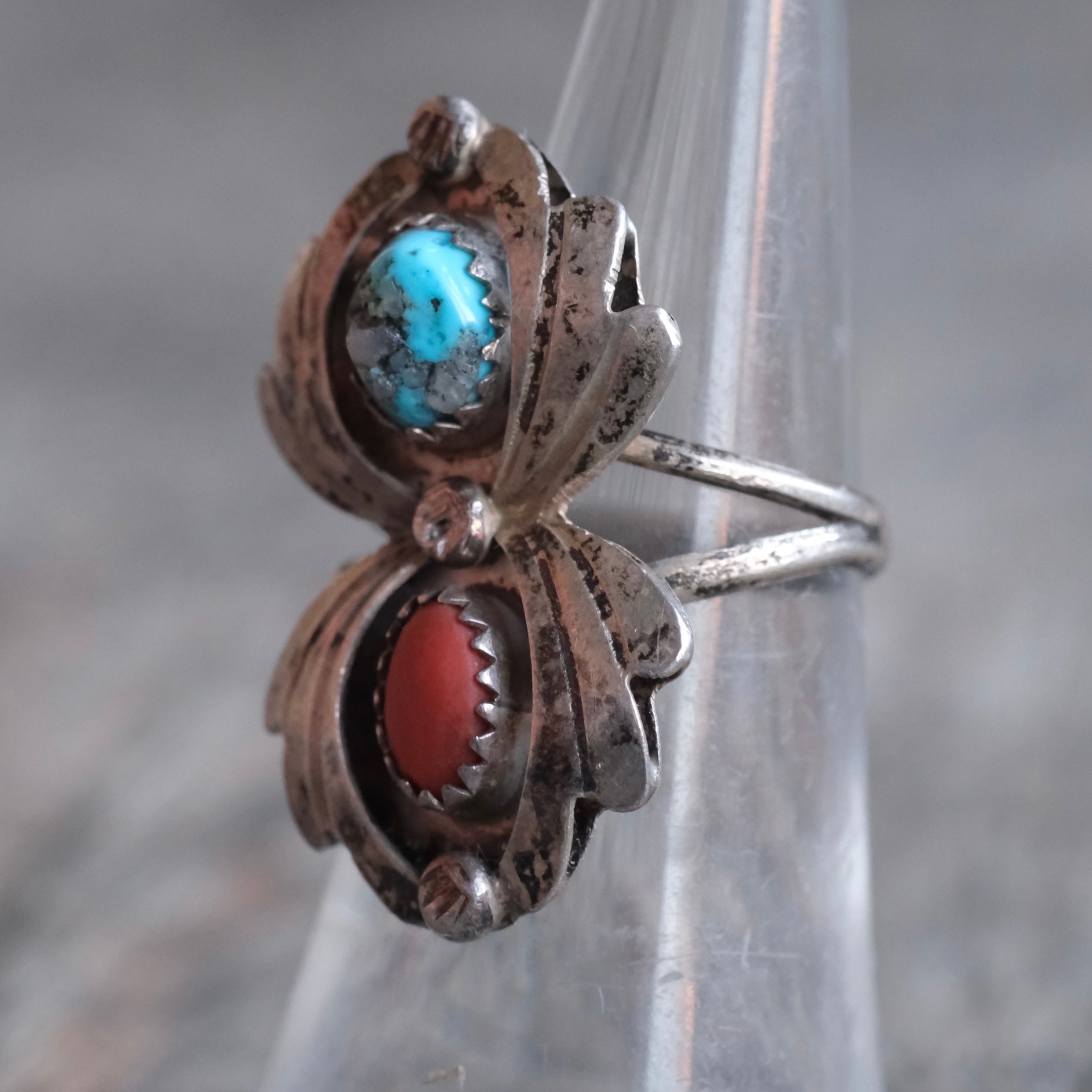 Vintage Sterling Turquoise and Coral Ring 6