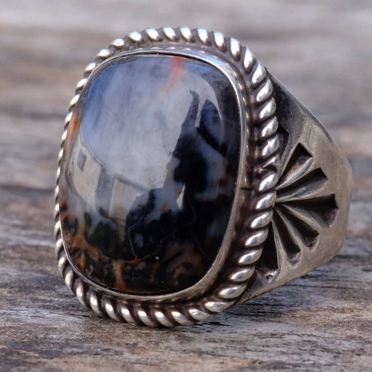 Vintage Sterling Petrified Wood Stamped Band Ring 9