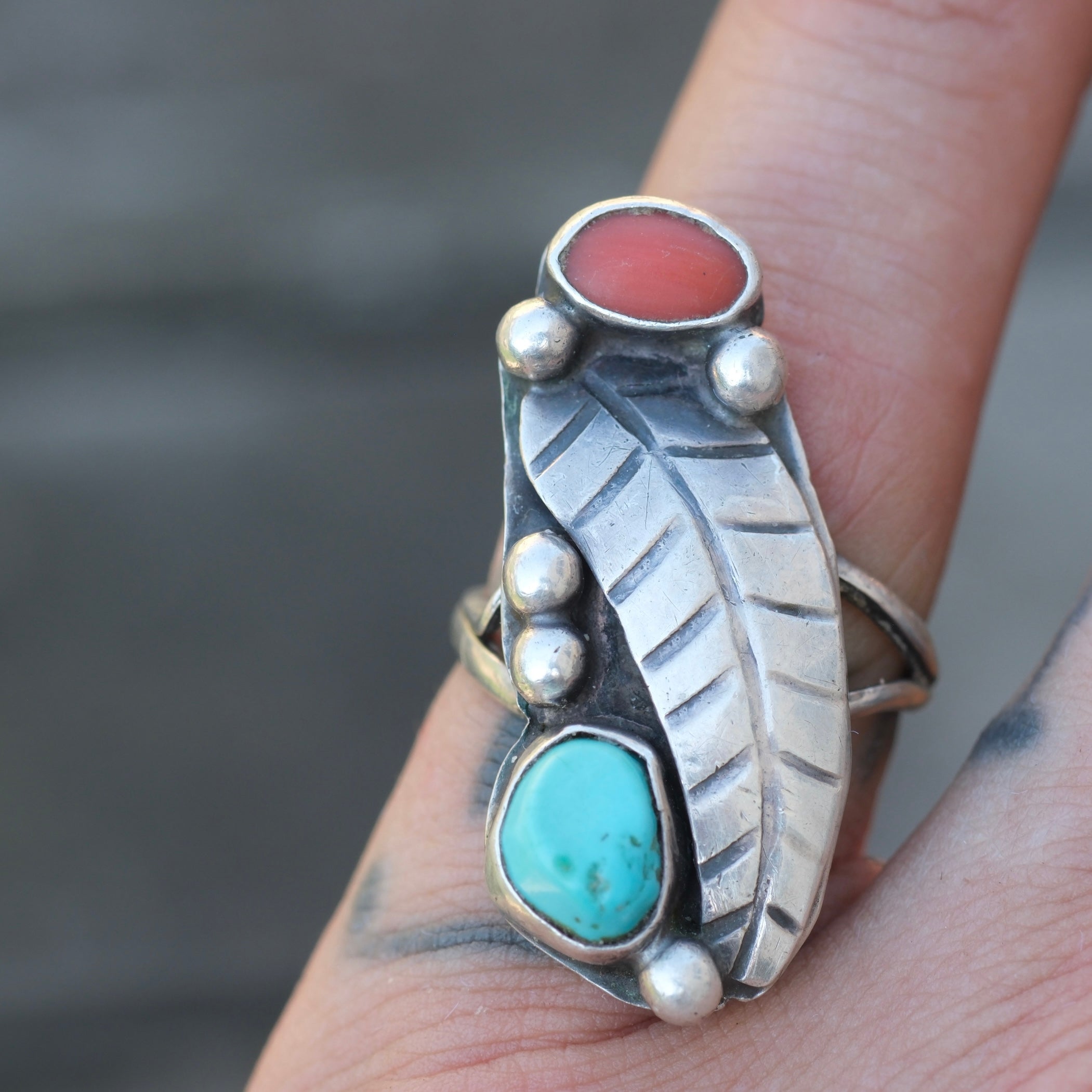 Vintage Sterling Turquoise and Coral Feather Ring 5.75
