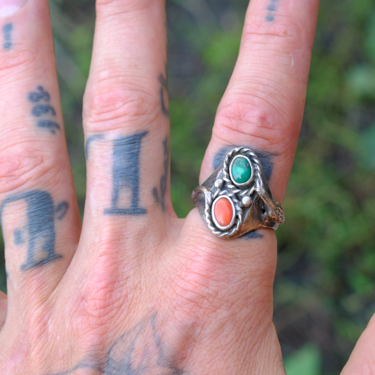 Vintage Sterling Turquoise and Coral Snake Ring 9