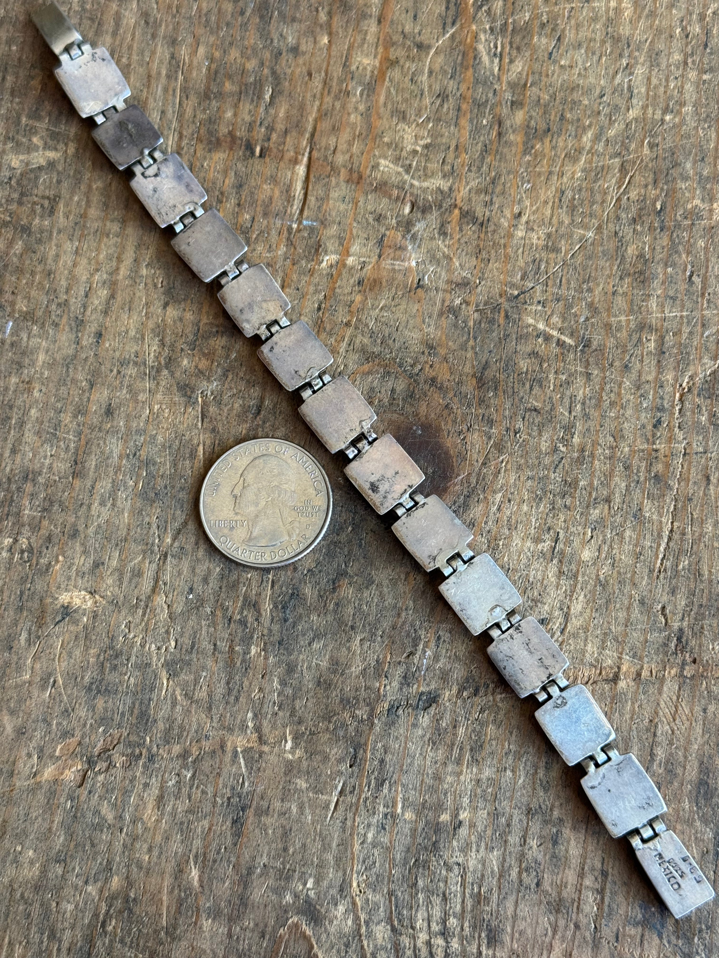 Vintage Sterling Silver Multistone Inlay Square Link Bracelet 8"