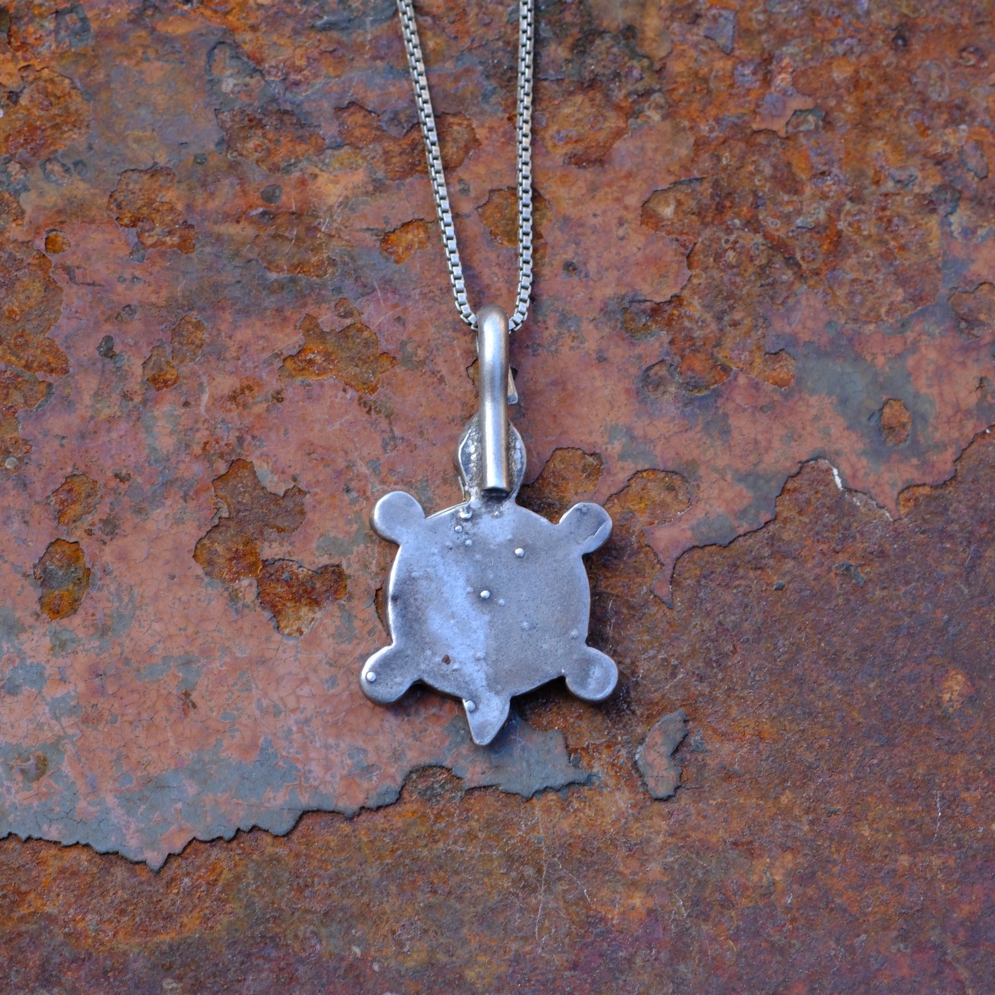 Vintage Sterling Silver Crushed Turquoise Inlay Turtle Ncklace