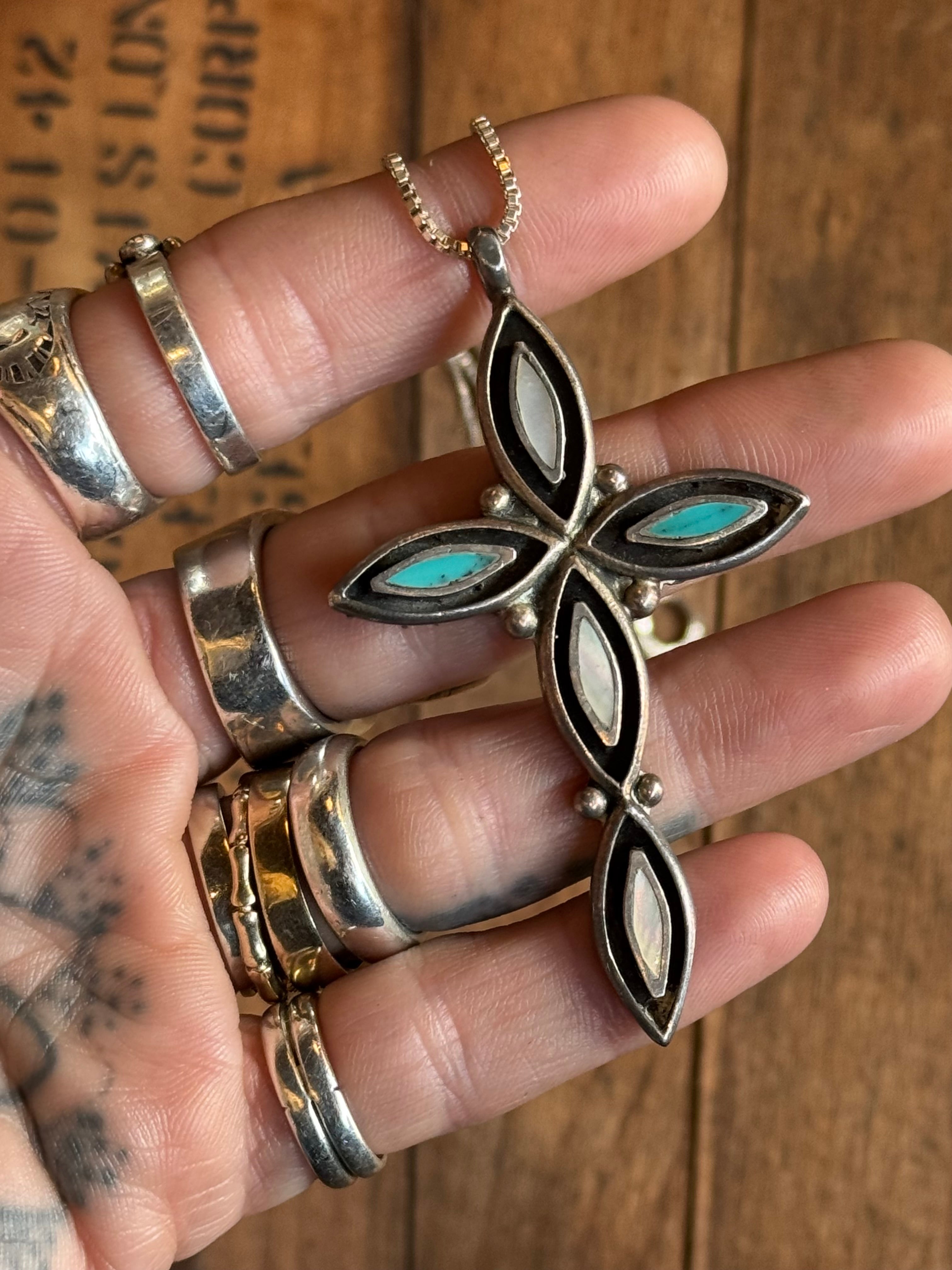 Vintage Sterling Silver Turquoise & Mother of Pearl Inlay Cross Necklace