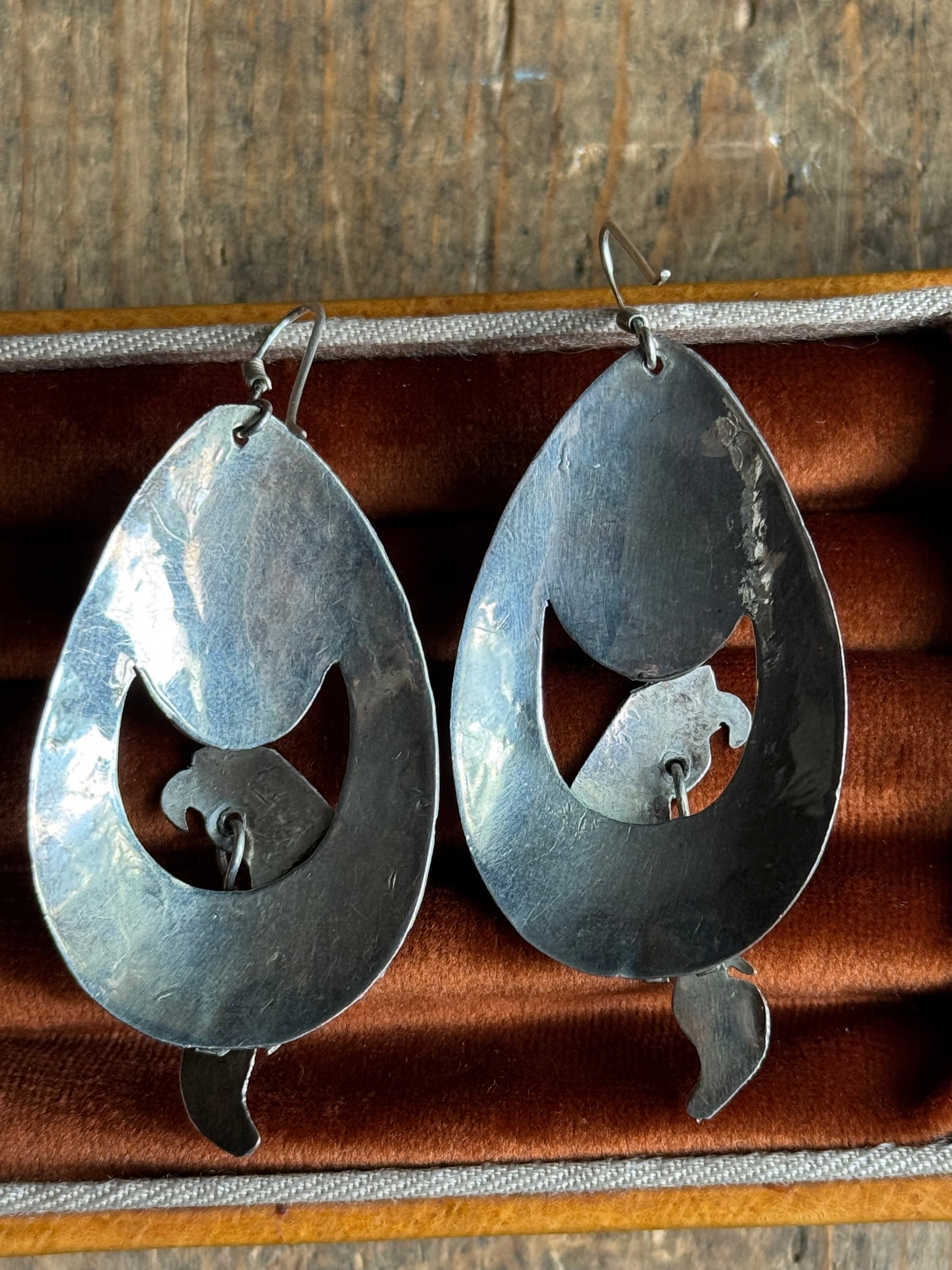 Vintage Sterling Silver Malachite Eagle Feather Earrings