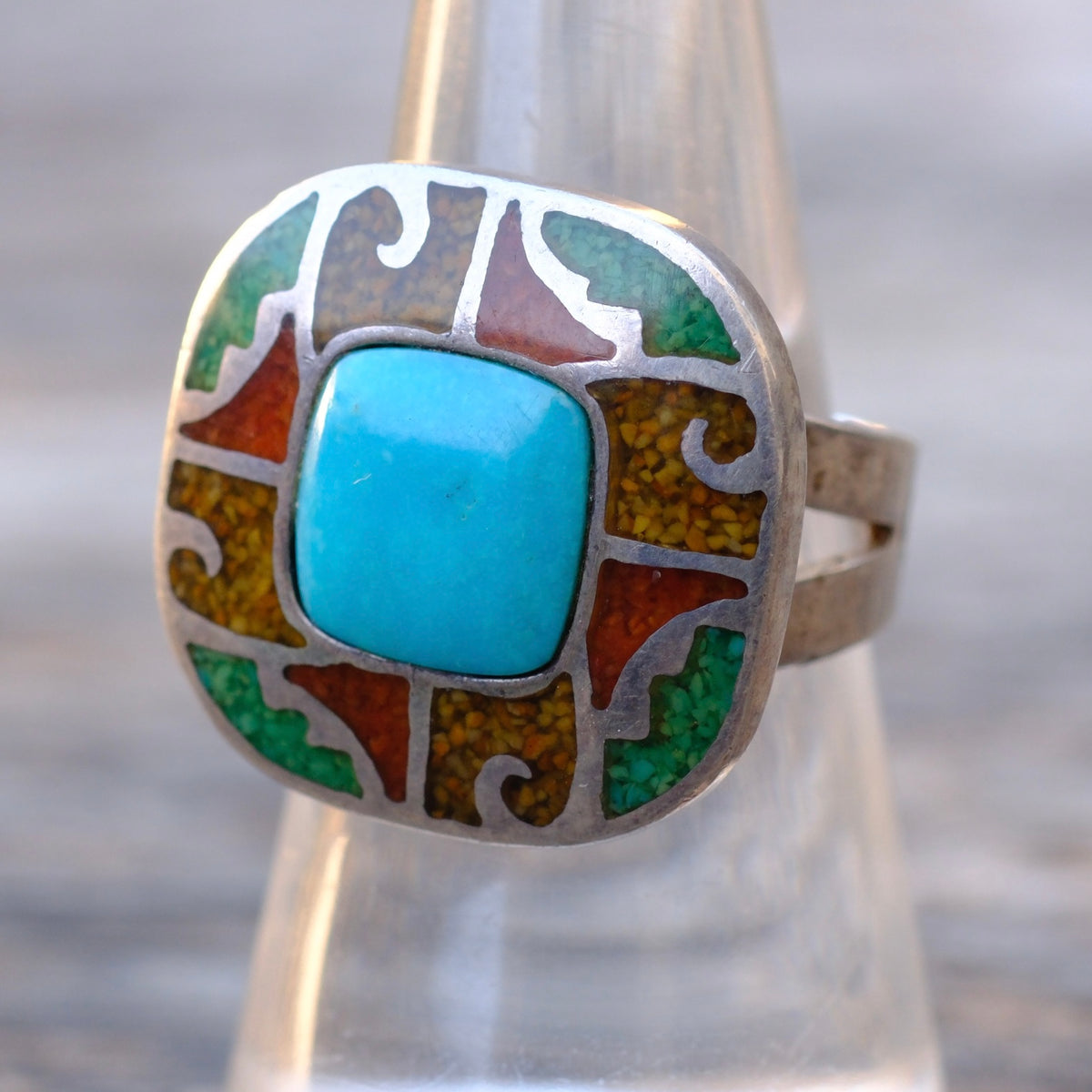 Vintage Sterling Turquoise and Coral Inlay Ring 7.75