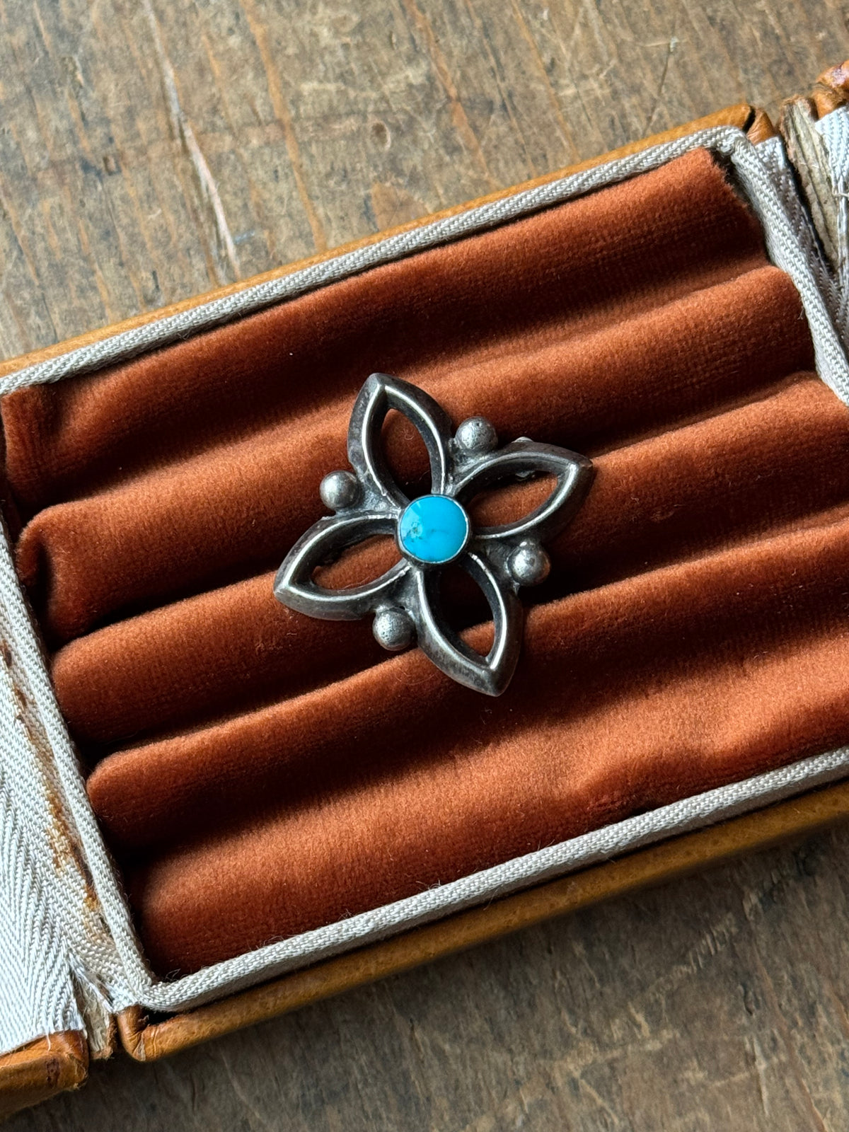 Vintage Sterling Silver Turquoise Sandcast Florette Pin