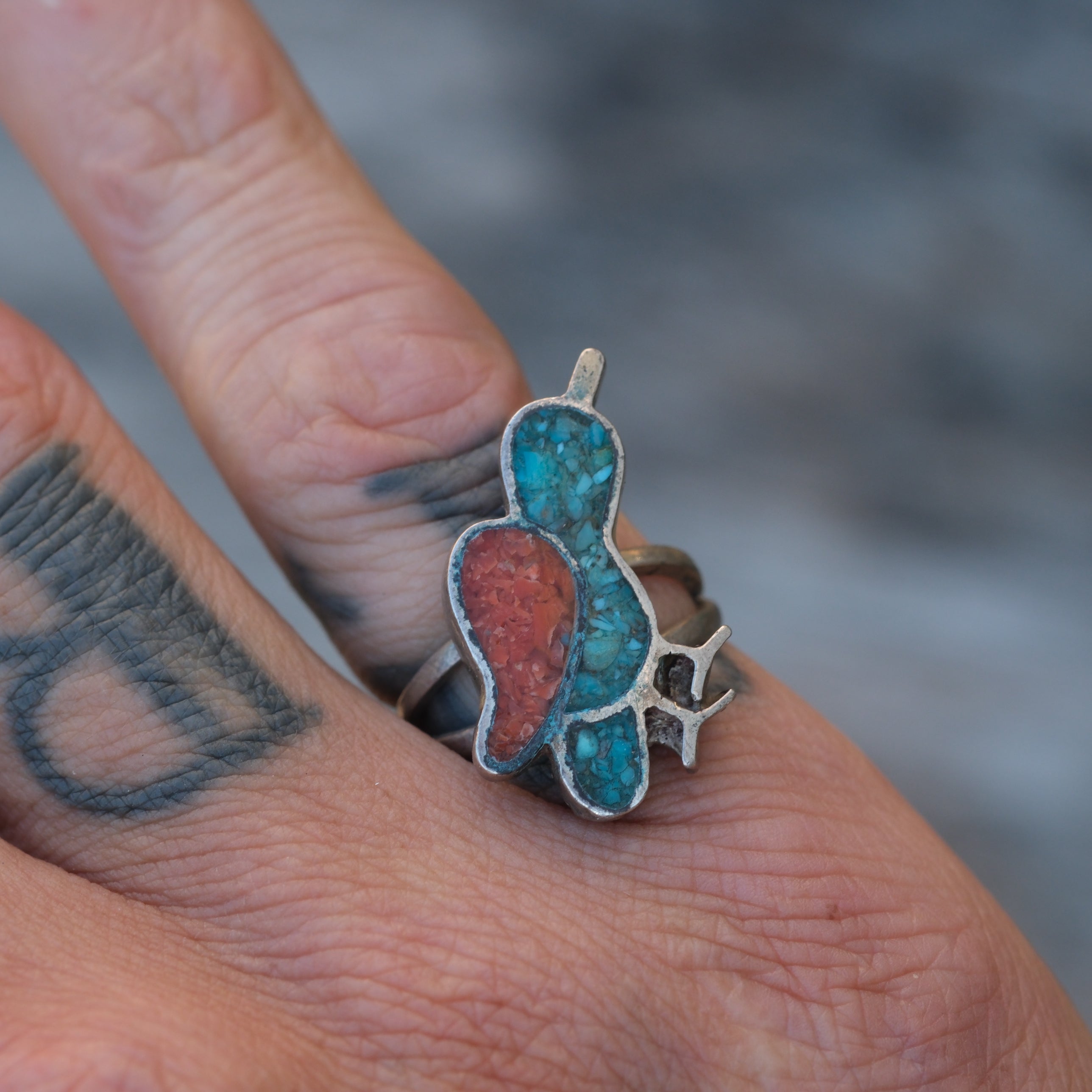 Vintage Sterling Turquoise and Coral Bird Ring 6