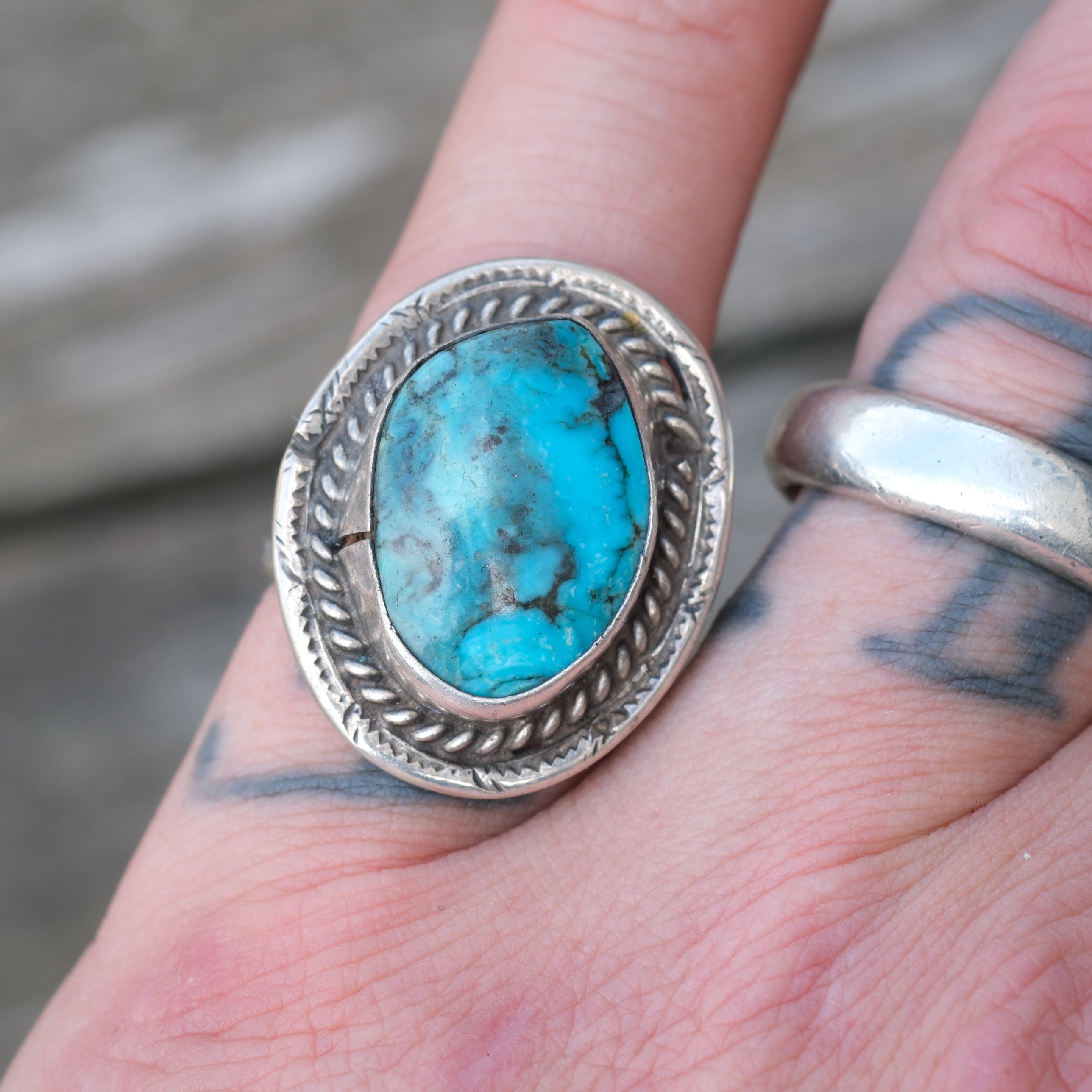 Vintage Sterling Turquoise Roper Ring 6.5