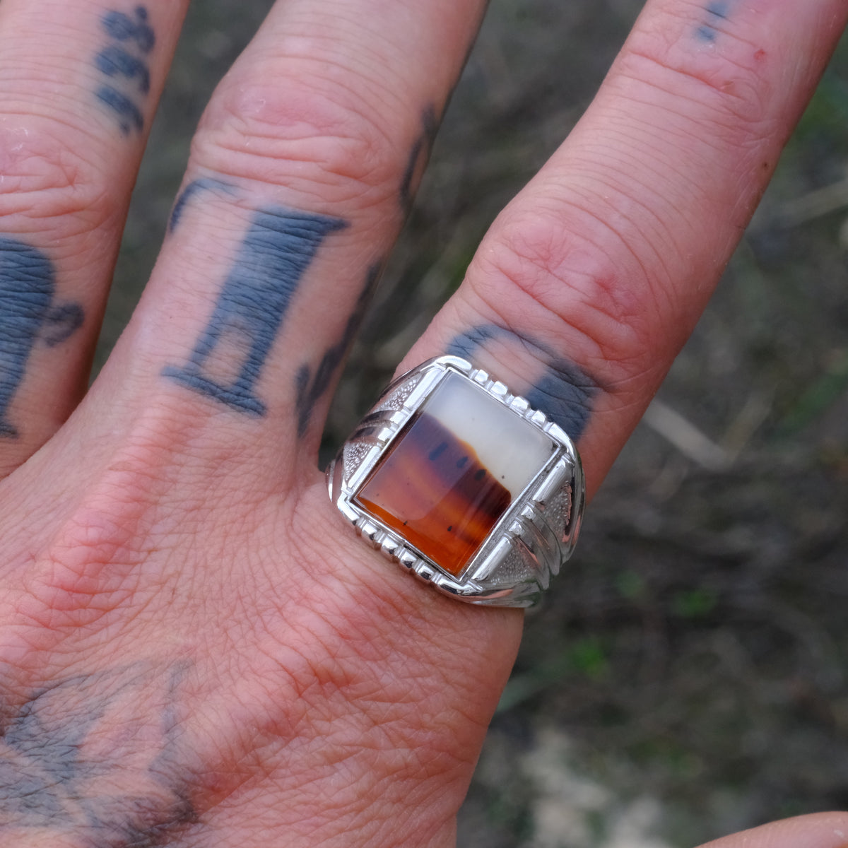 Vintage Sterling Agate Signet Ring 11