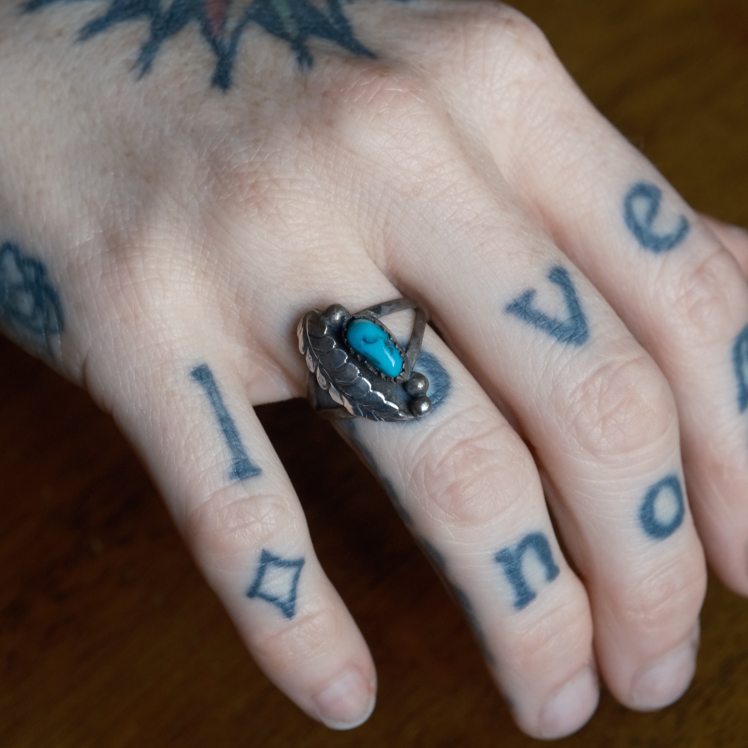Vintage Sterling Turquoise Feather Ring 6.75