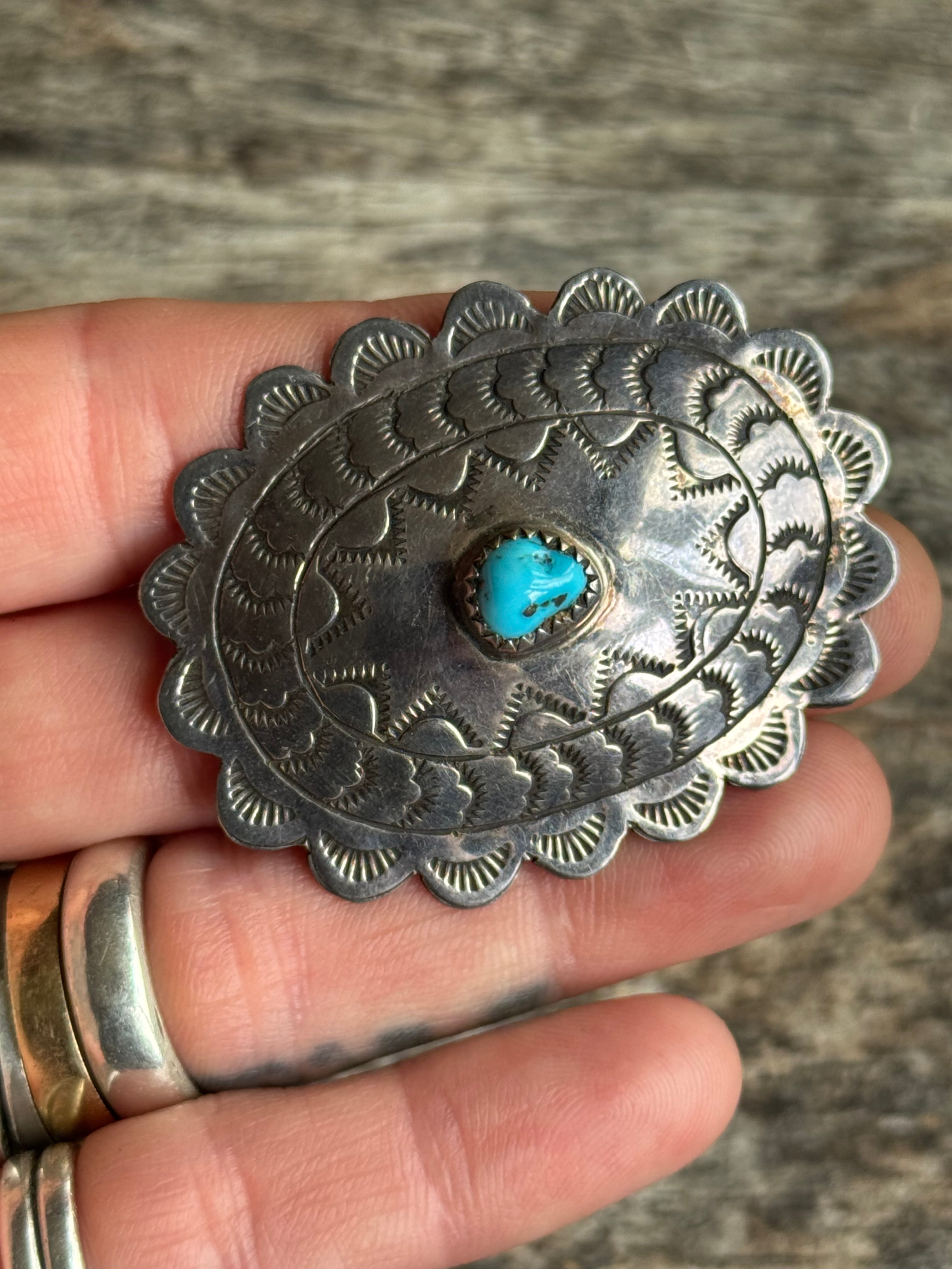 Vintage Sterling Silver Turquoise Stamped Concho Pin