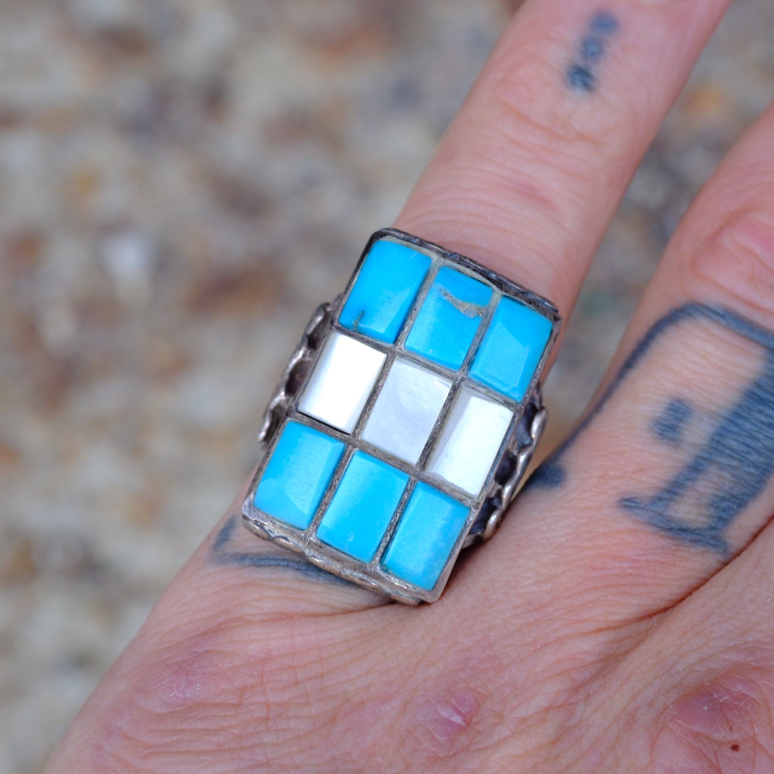 Vintage Sterling Turquoise and Mother Of Pearl Inlay Ring 5.5