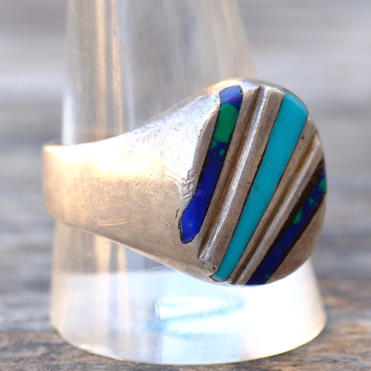 Vintage Sterling Azurite and Turquoise Inlay Ring 12.75