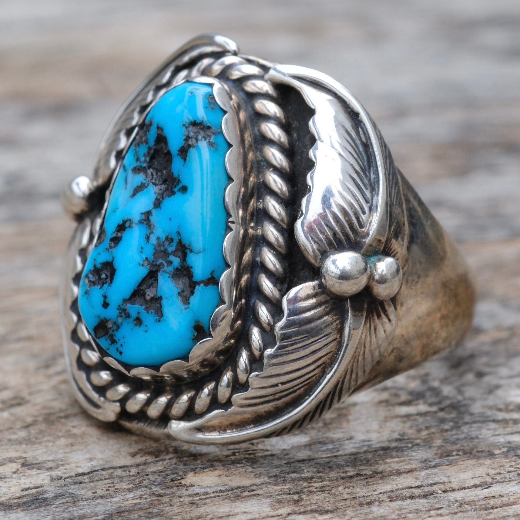 Vintage Sterling Turquoise Feather Ring 9.75