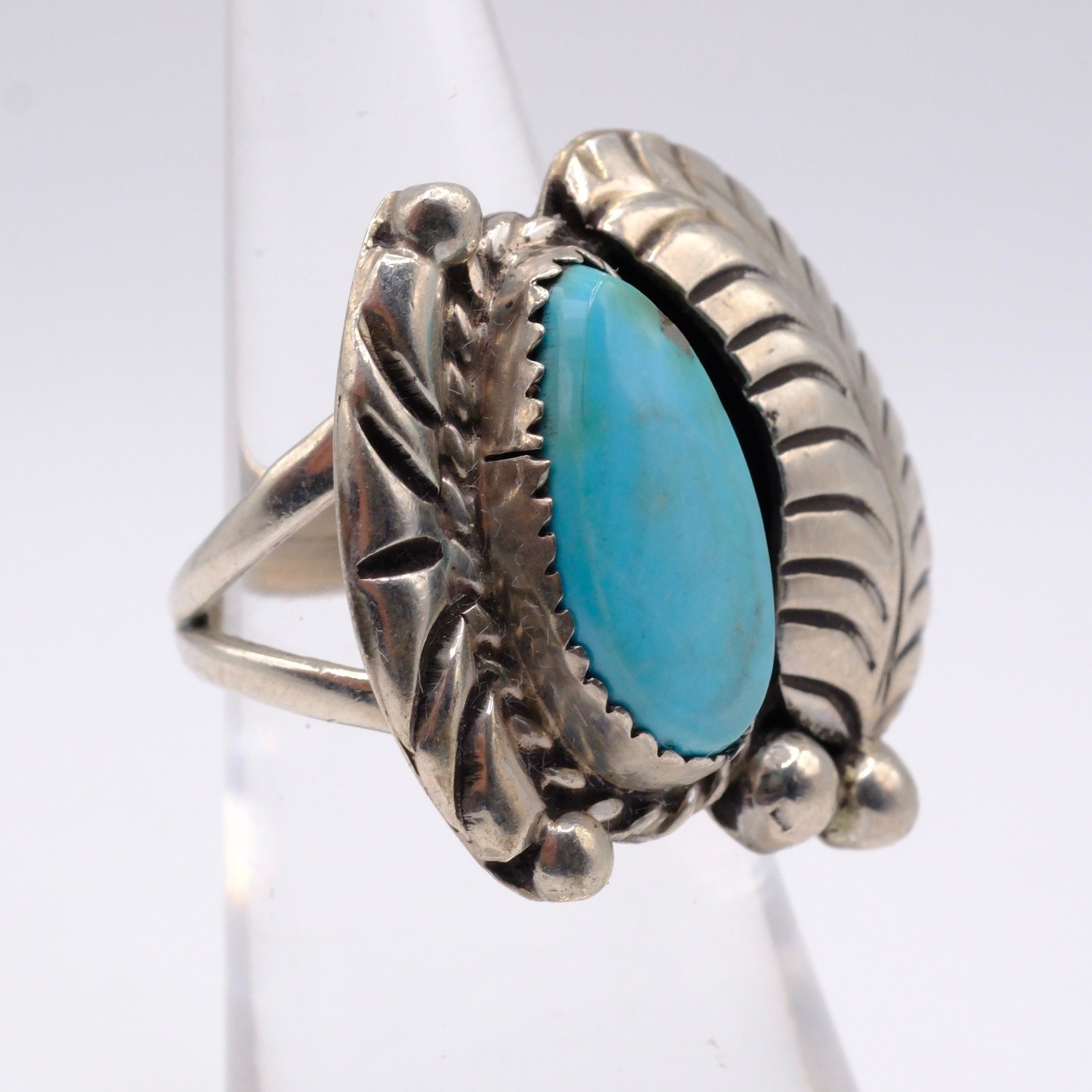 Vintage Sterling Turquoise Feather Ring 5