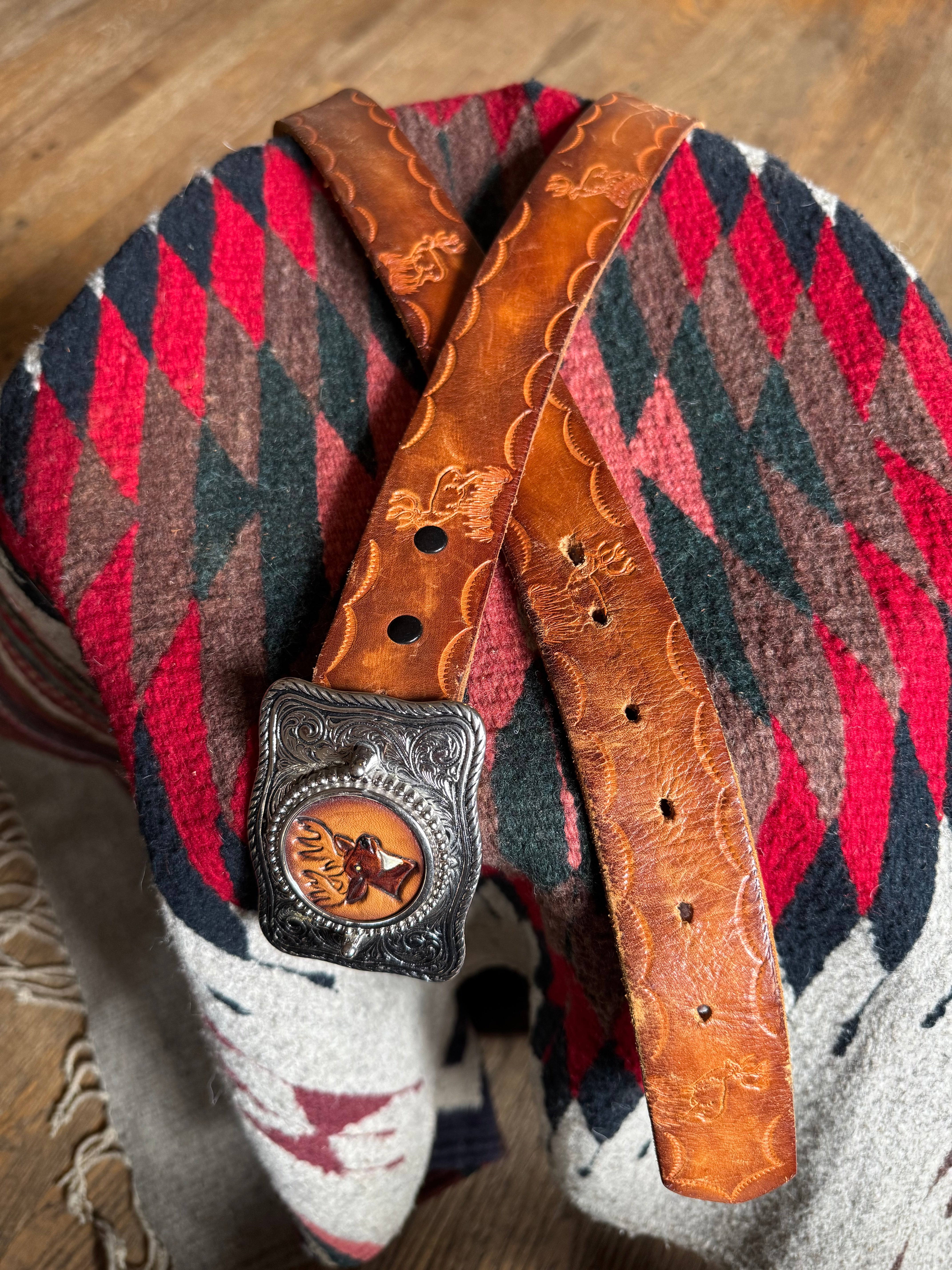 Vintage Hand Tooled Brown Leather ‘JERRY’ Belt with Stag Belt Buckle