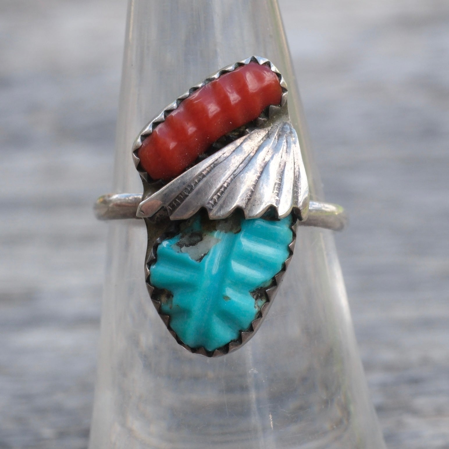 Vintage Sterling Carved Turquoise and Coral Feather Ring 6.5