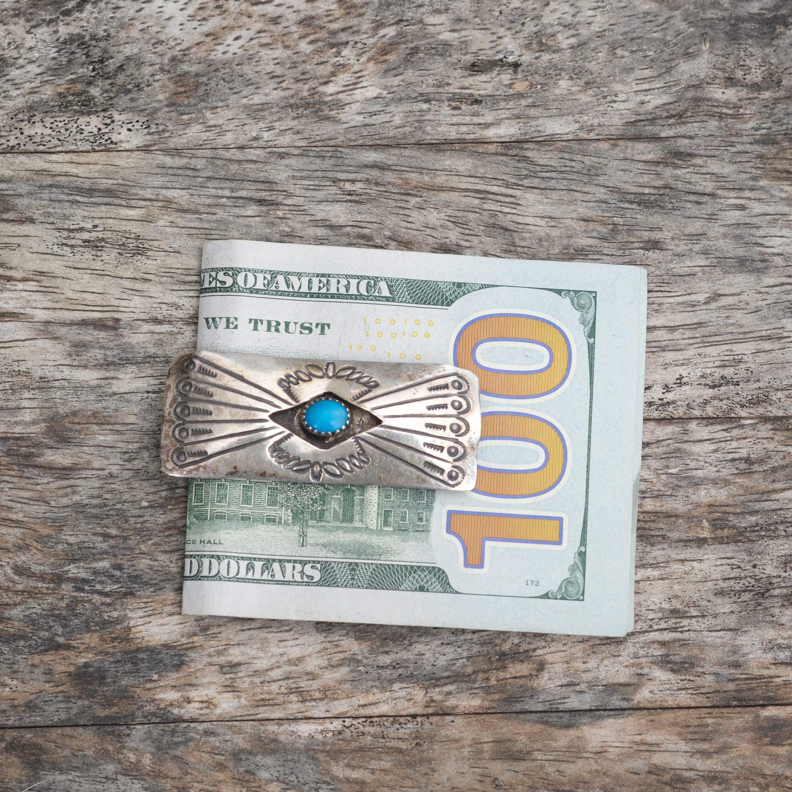 Vintage Sterling Silver Overlay Turquoise Stamped Money Clip