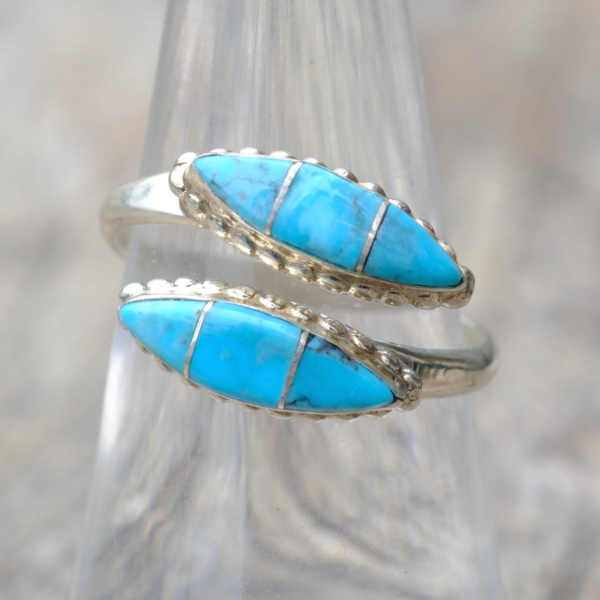 Vintage Sterling Turquoise Inlay Overpass Ring 7.5