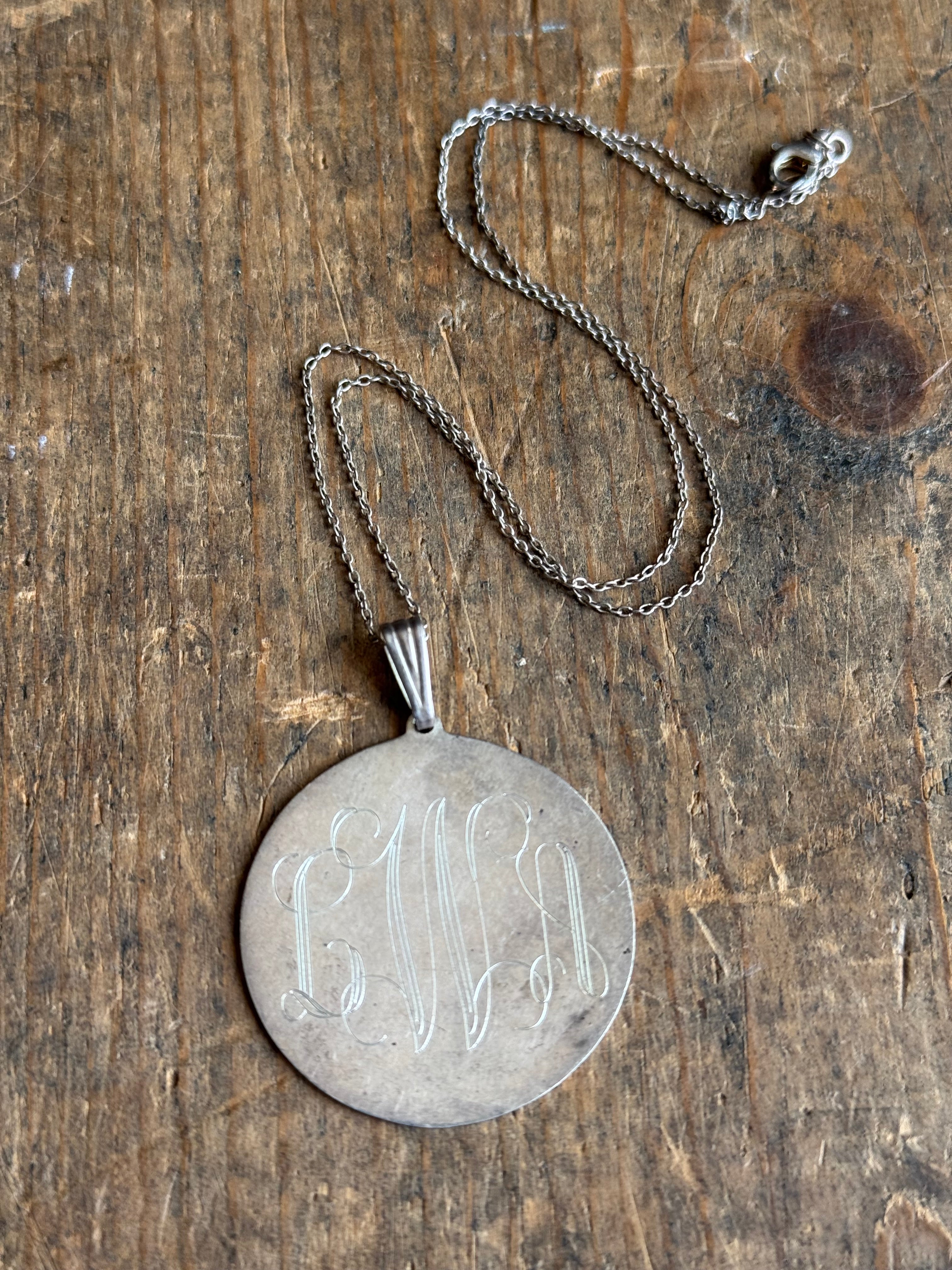 Vintage Sterling Silver Engraved ‘LWA’ Medallion Necklace