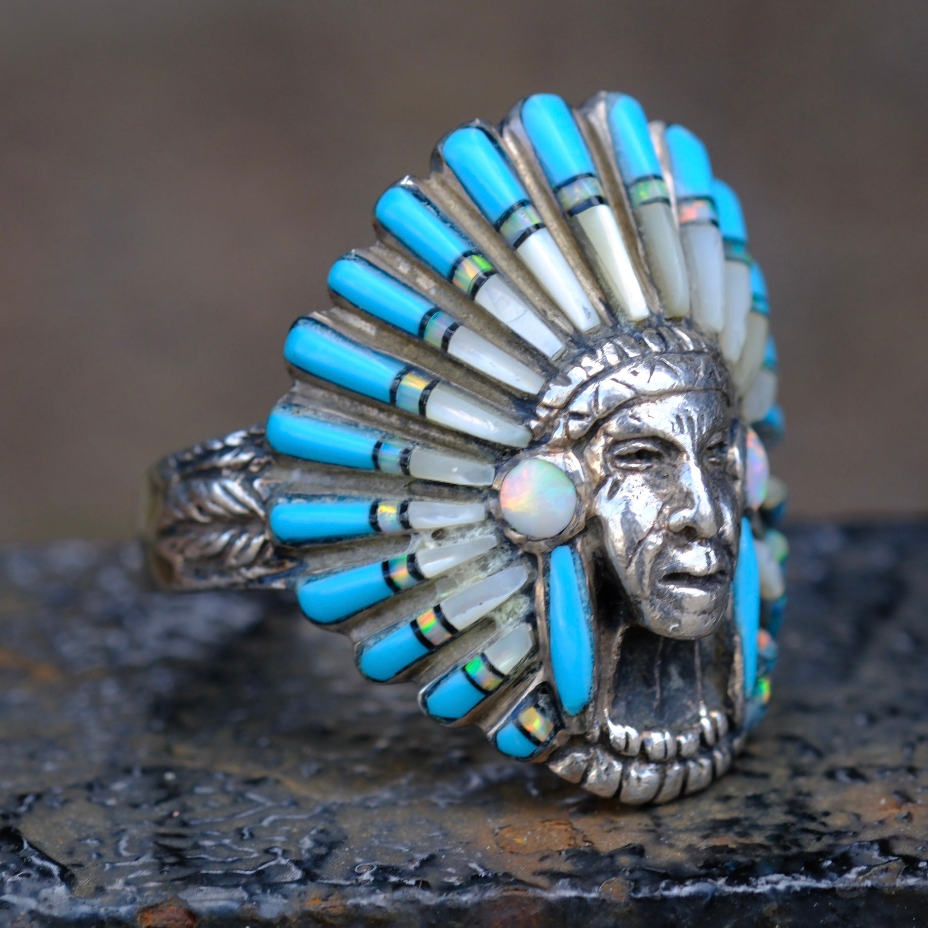 Vintage Sterling Multstone Inlay Big Chief Ring 13
