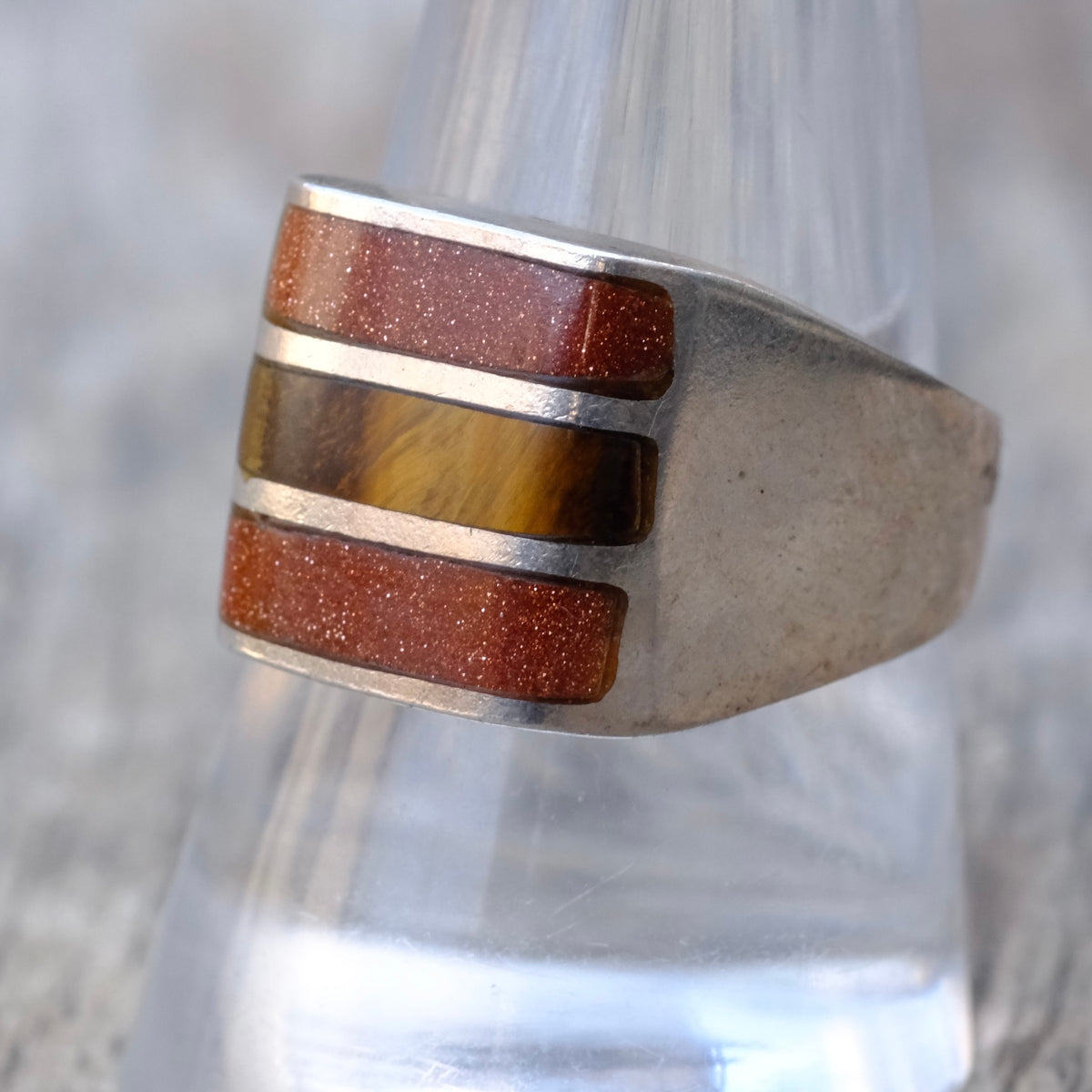 Vintage Sterling Tigers Eye and Goldstone Inlay Ring 9.75