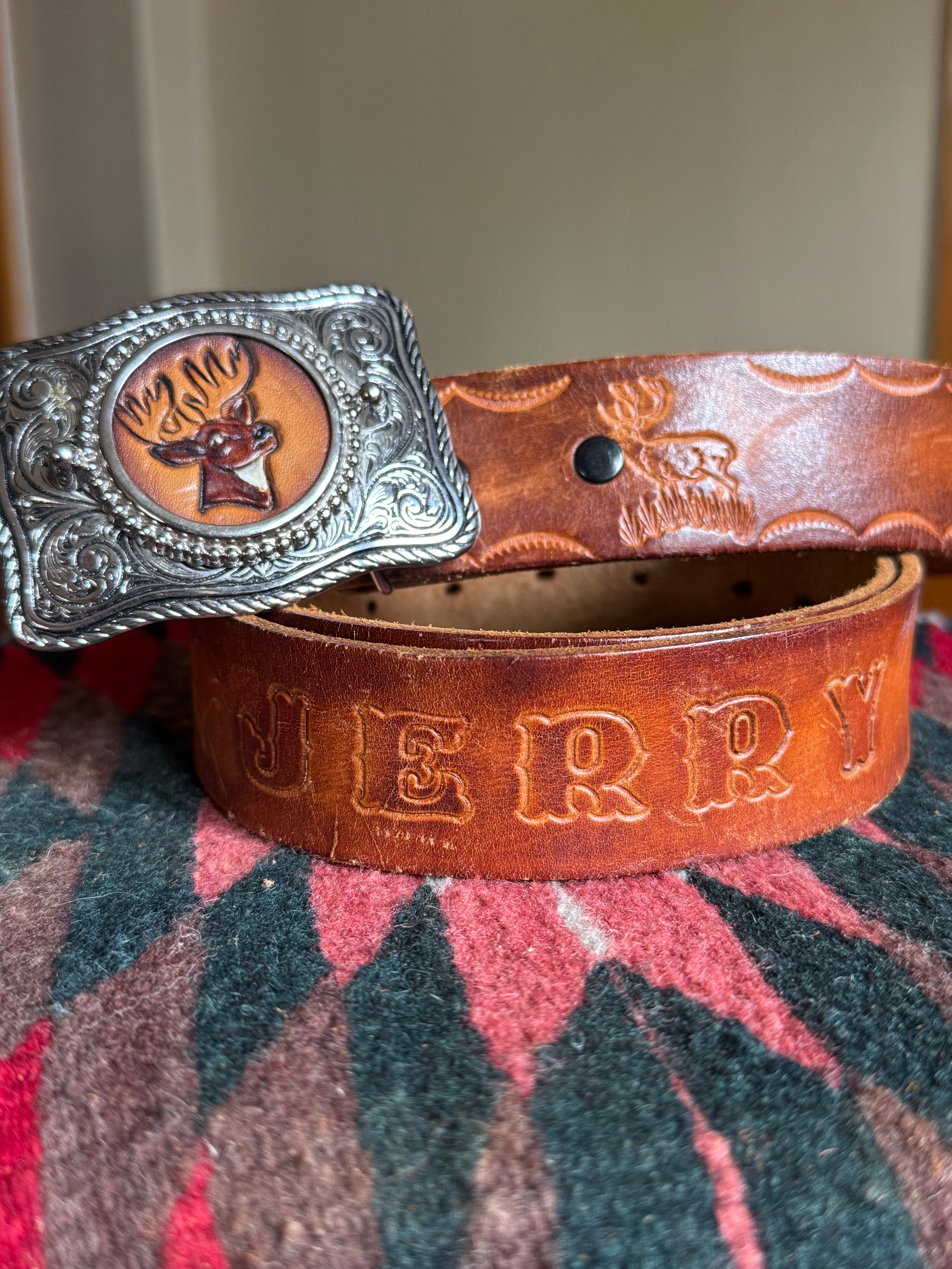 Vintage Hand Tooled Brown Leather ‘JERRY’ Belt with Stag Belt Buckle