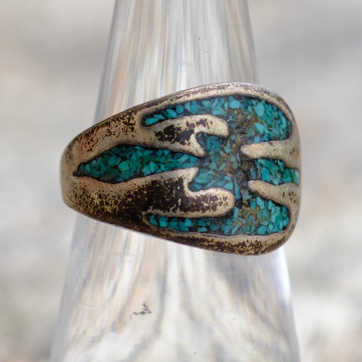 Vintage Sterling Turquoise Inlay Thunderbird Ring 6.5