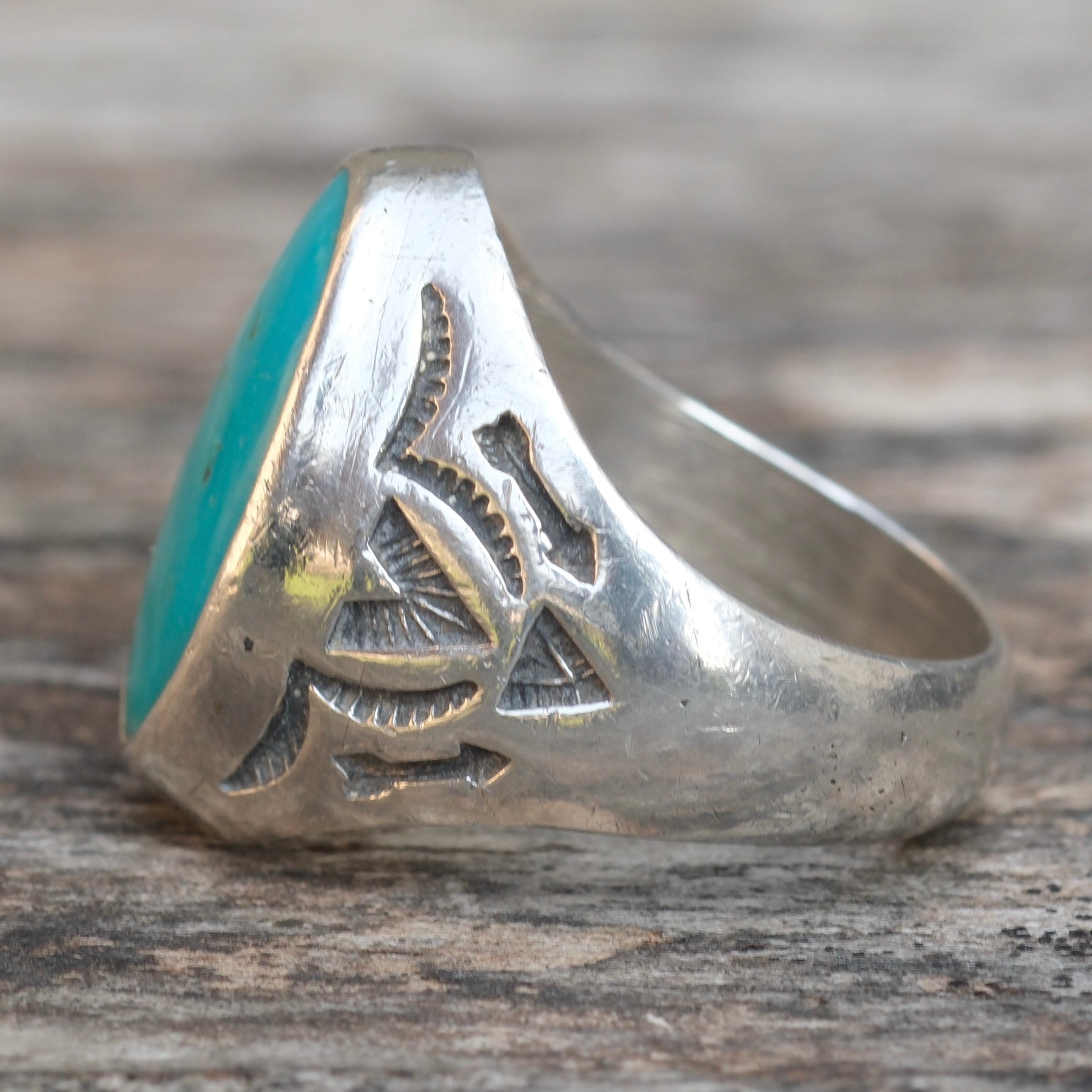 Vintage Sterling Turquoise Bells Trading Post Ring 10.75