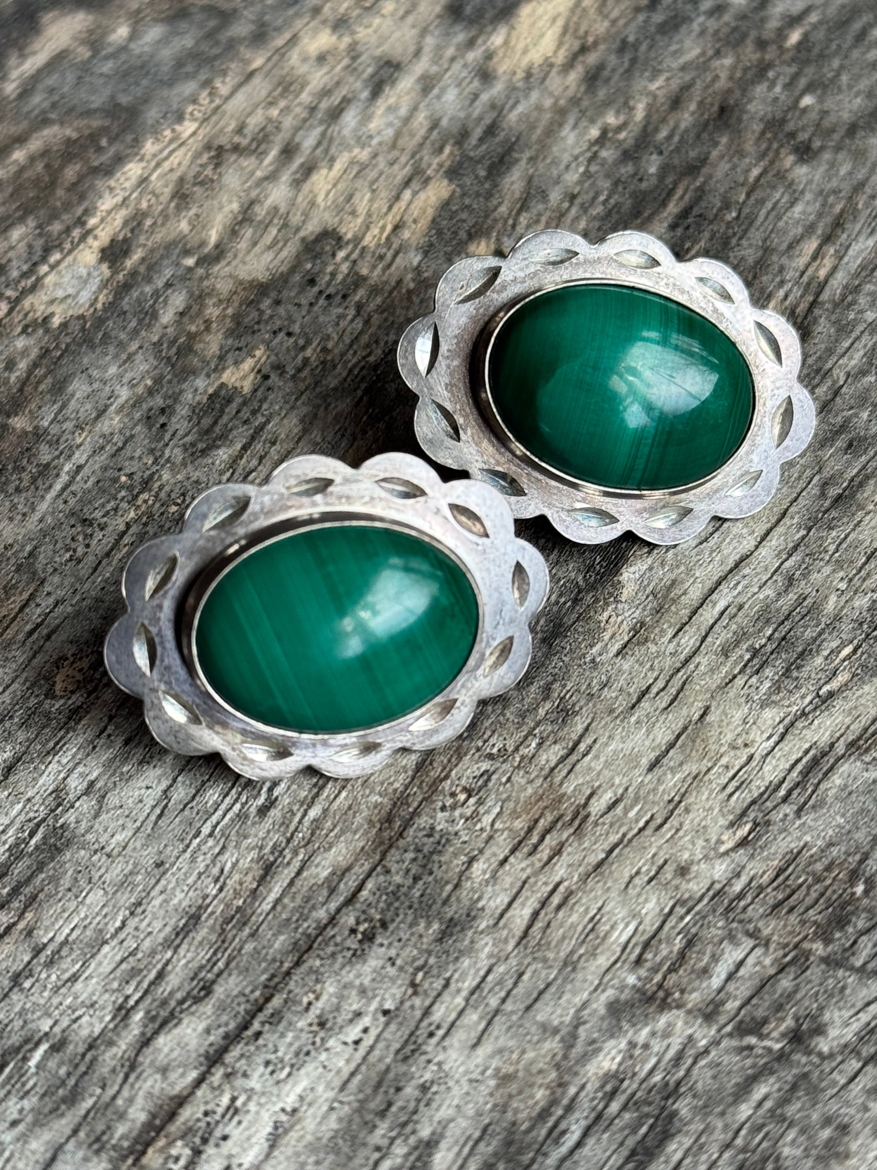 Vintage Sterling Silver Malachite Flower Earrings