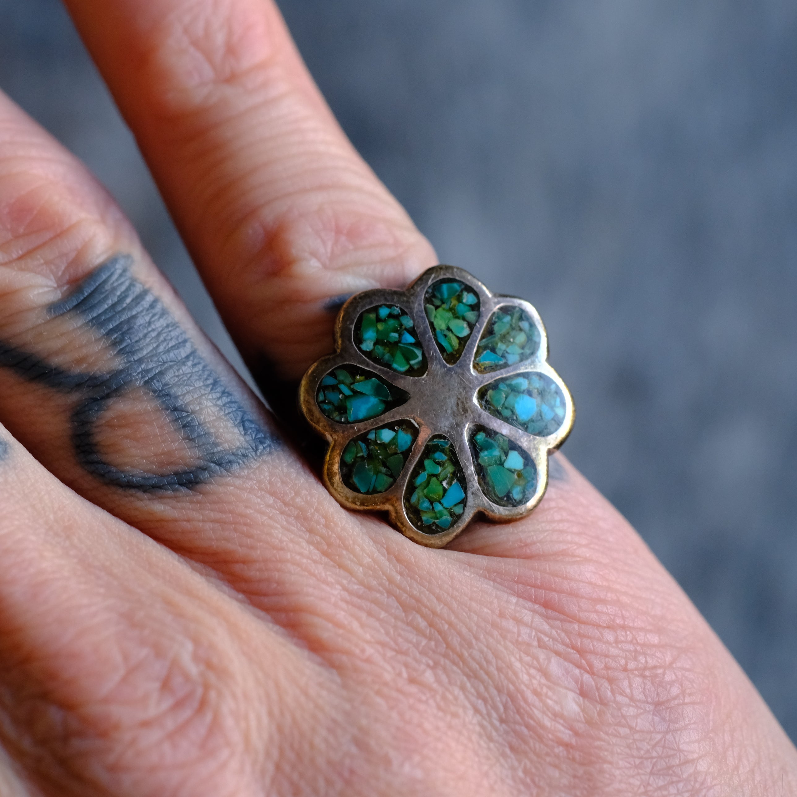 Vintage Sterling Turquoise Inlay Floral Ring 6.25