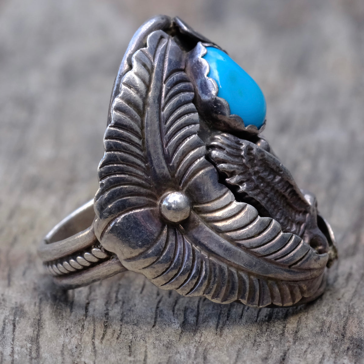 Vintage Sterling Turquoise Eagle Ring 9.5