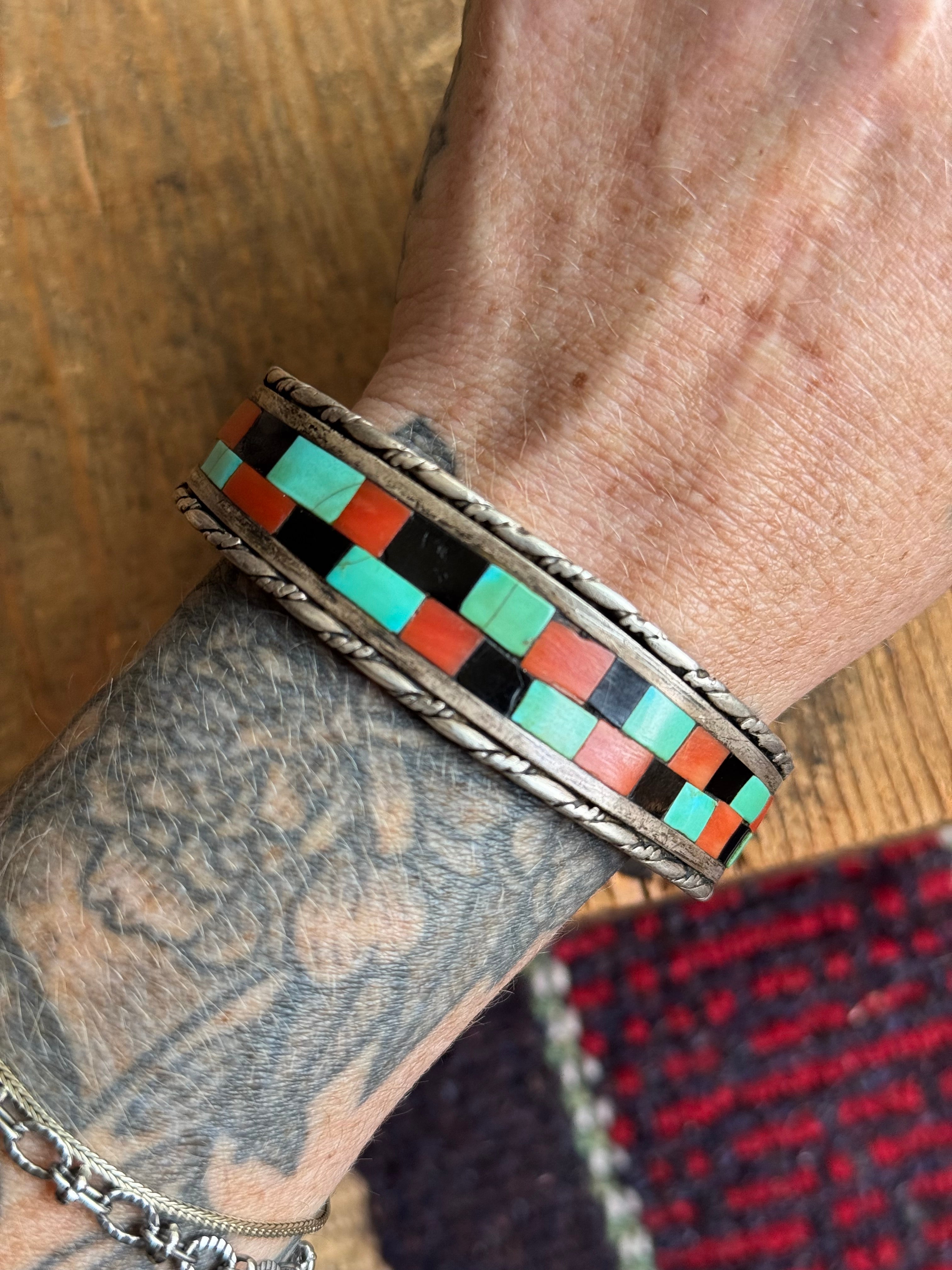 Vintage Sterling Silver Coral Onyx & Turquoise Inlay Cuff