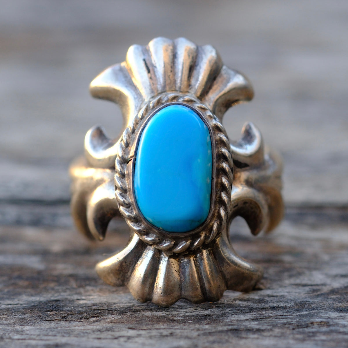 Vintage Sterling Turquoise Sandcast Ring 10.5