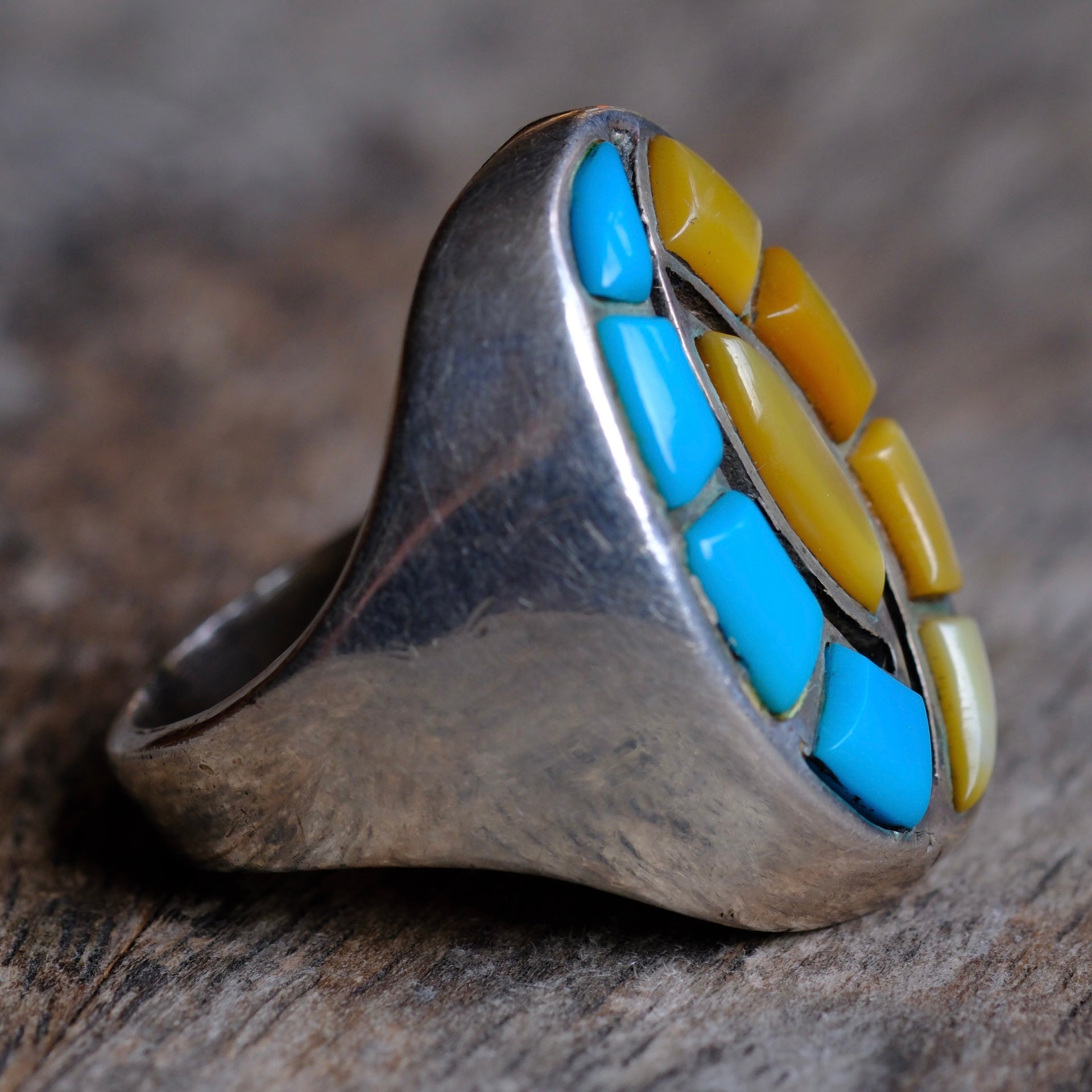 Vintage Sterling Turquoise and Mother Of Pearl Inlay Hummingbird Ring 10.75