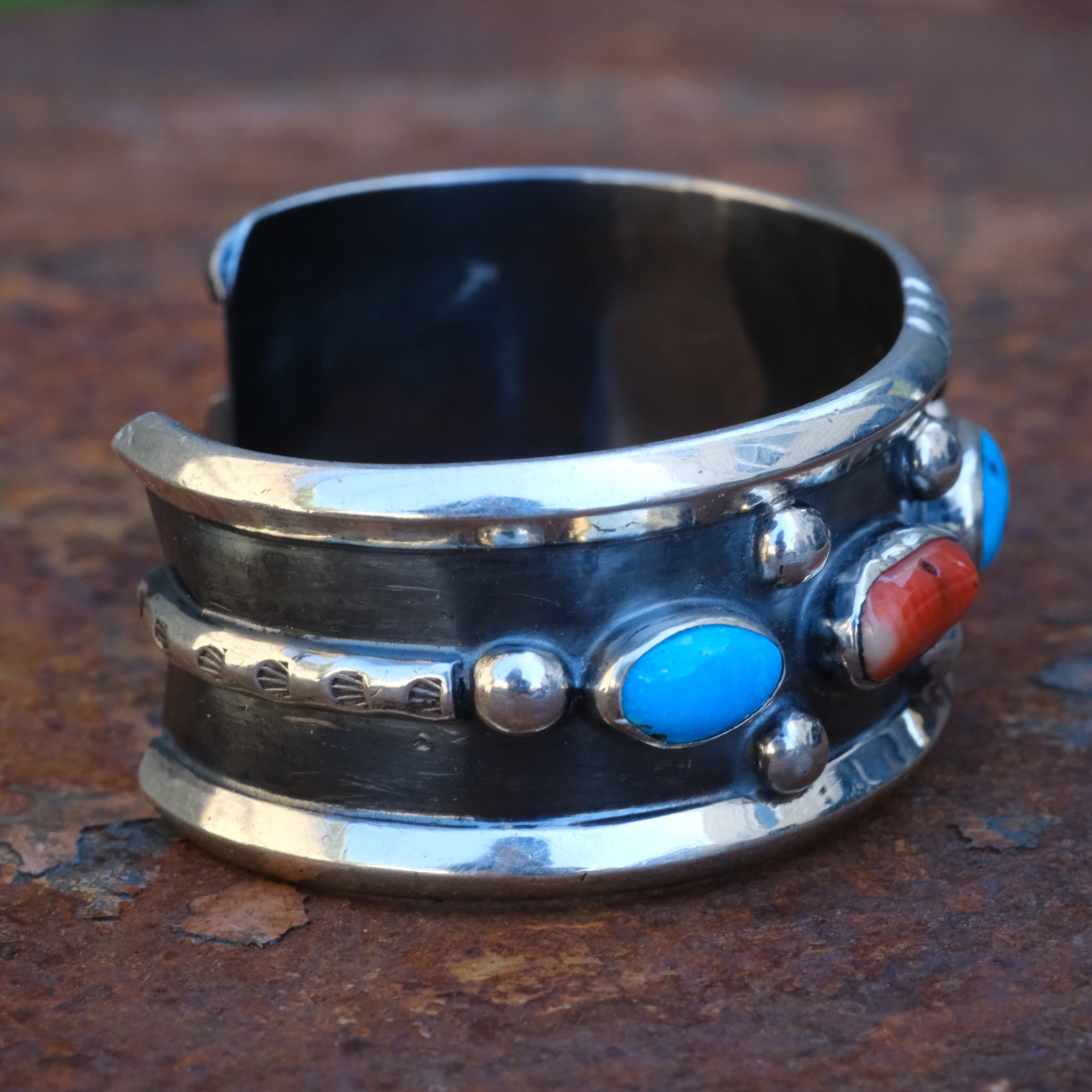 Vintage Sterling Turquoise and Coral Cuff Bracelet
