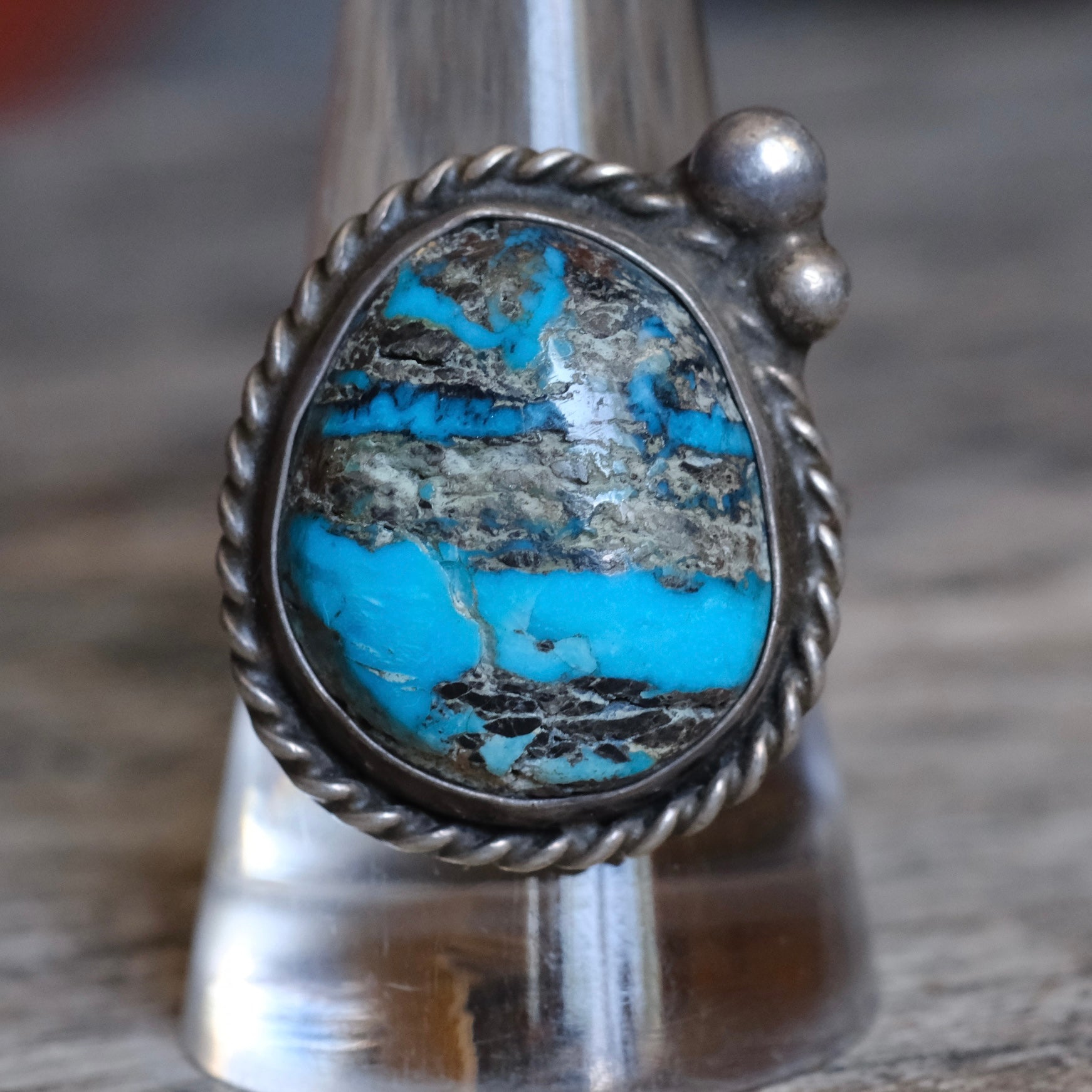 Vintage Sterling Turquoise Roper Ring 10.25