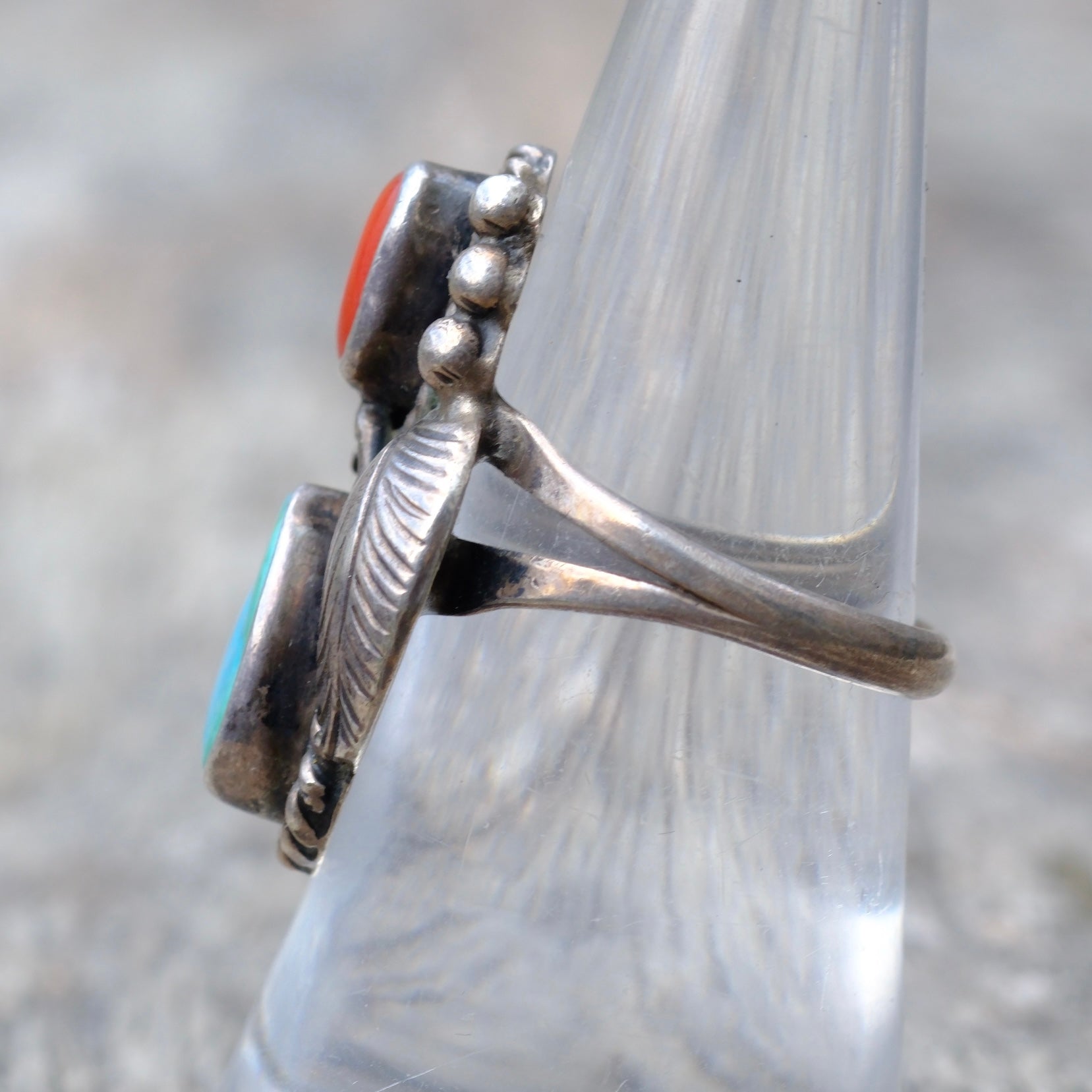 Vintage Sterling Silver Turquoise & Coral Feather Flower Ring 7