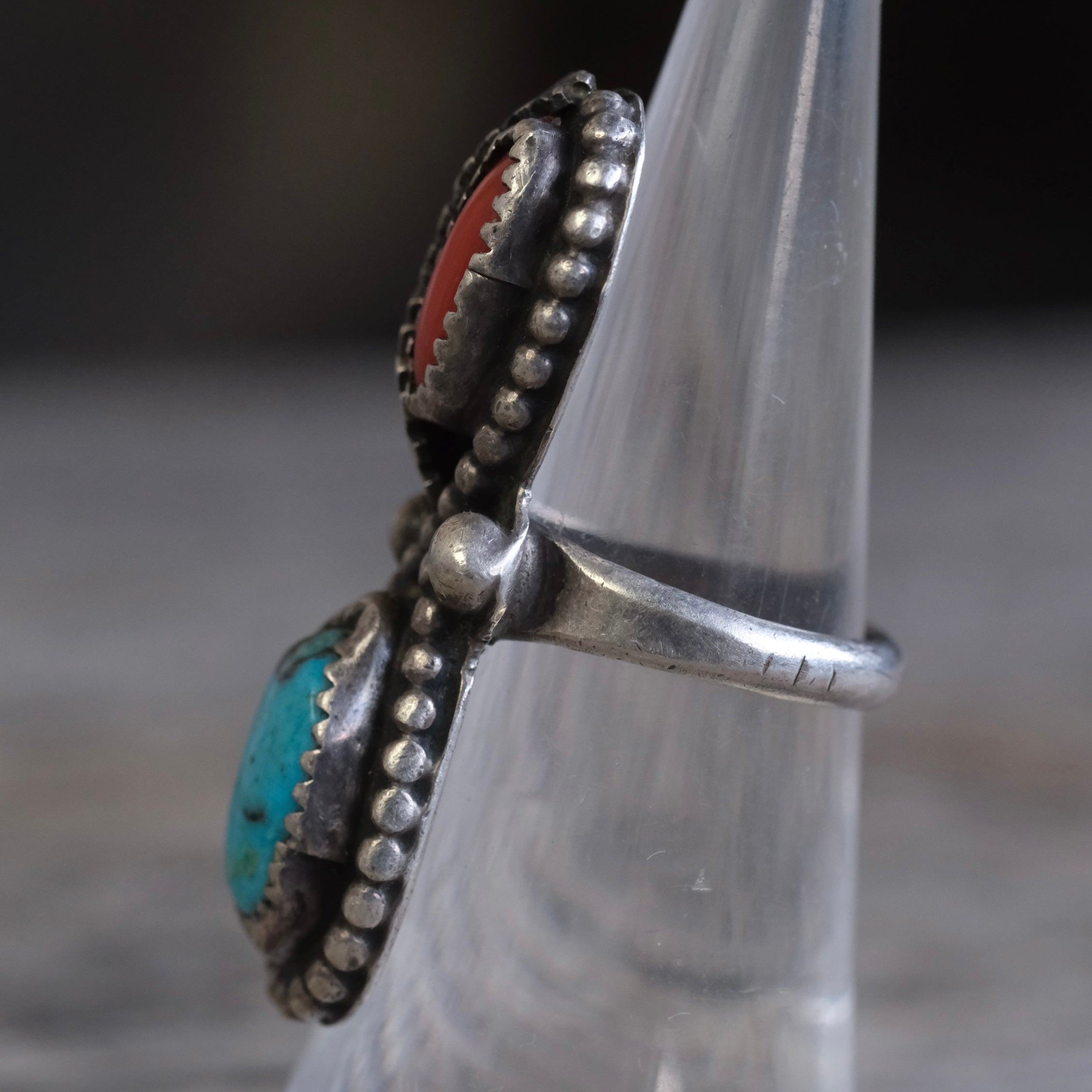 Vintage Sterling Turquoise and Coral Feather Ring 5.5