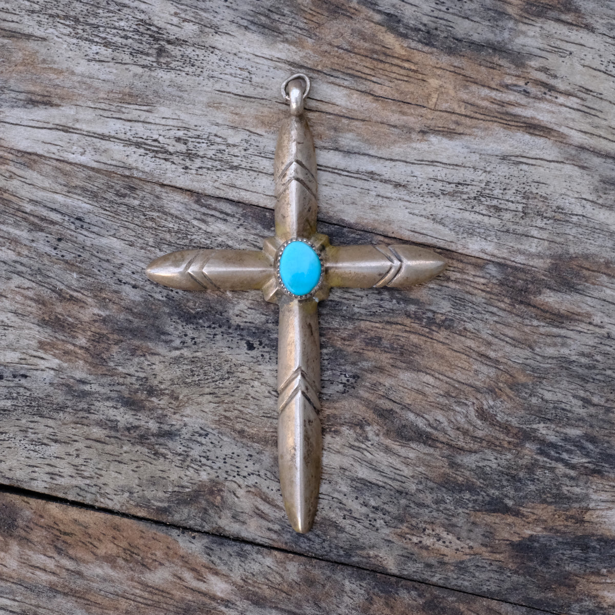 Vintage Sterling Turquoise Sandcast Cross Pendant