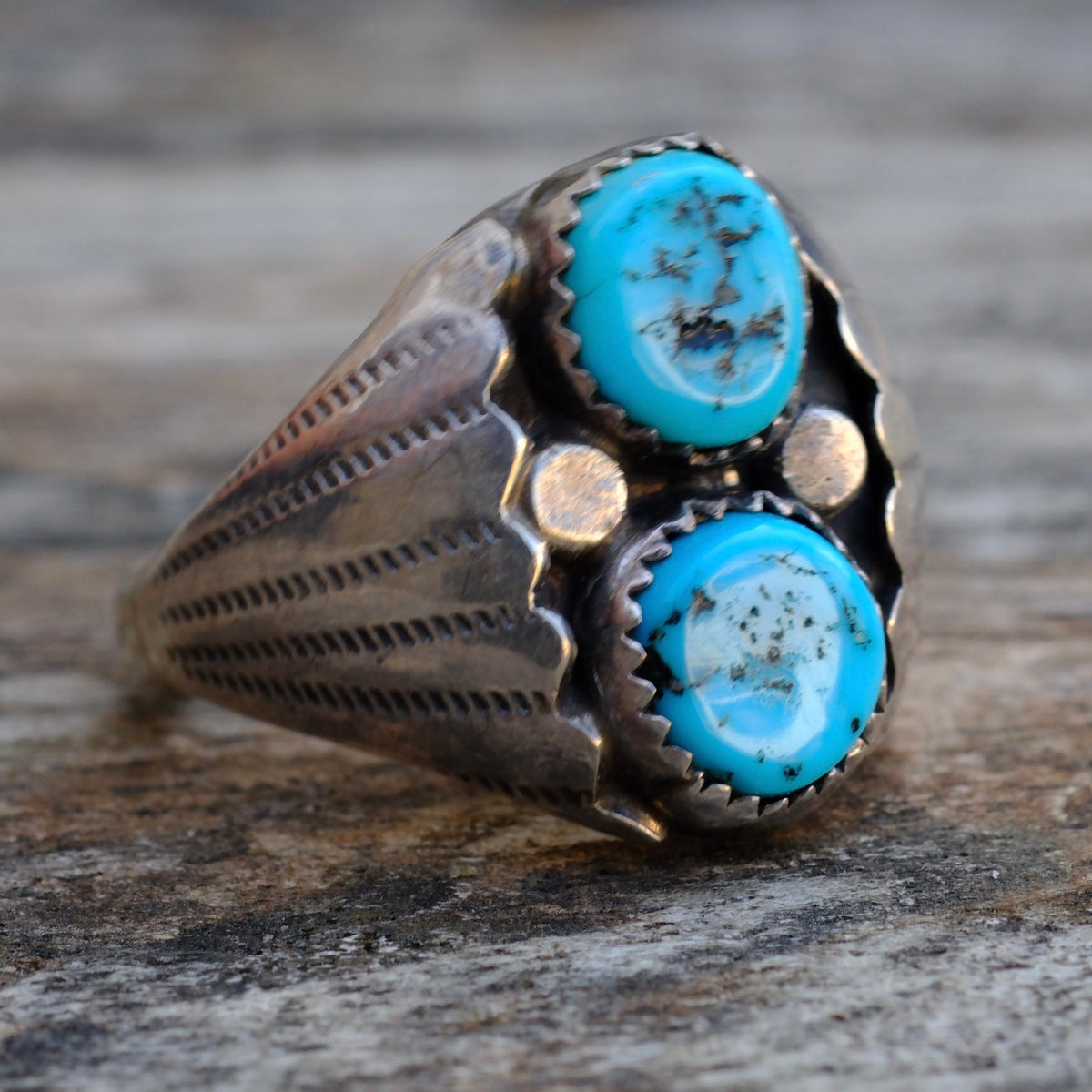 Vintage Sterling 2-Stone Turquoise Ring 10.75