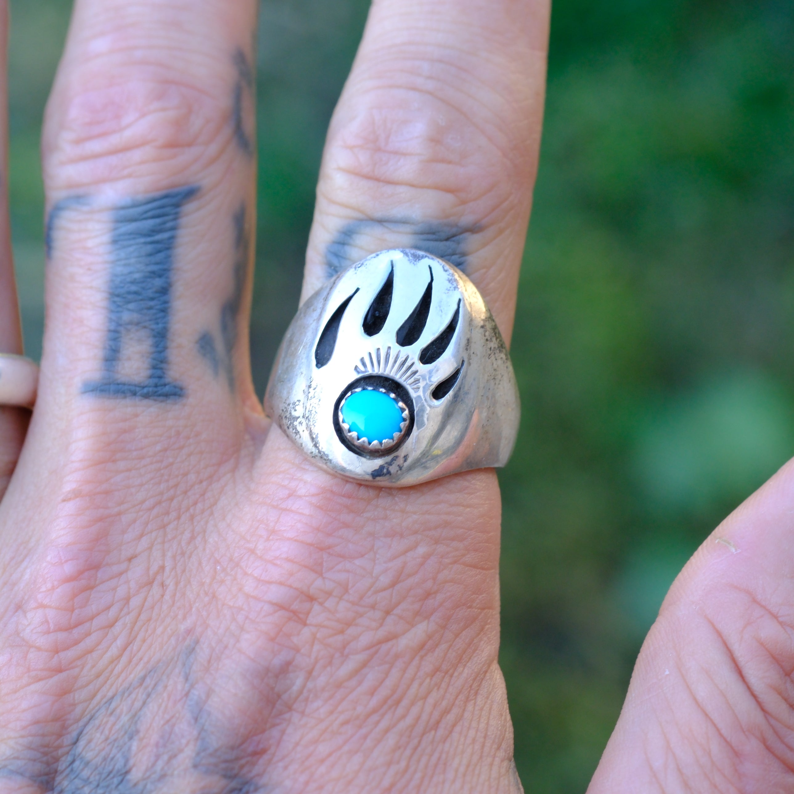 Vintage Sterling Turquoise Bear Paw Ring 12.25